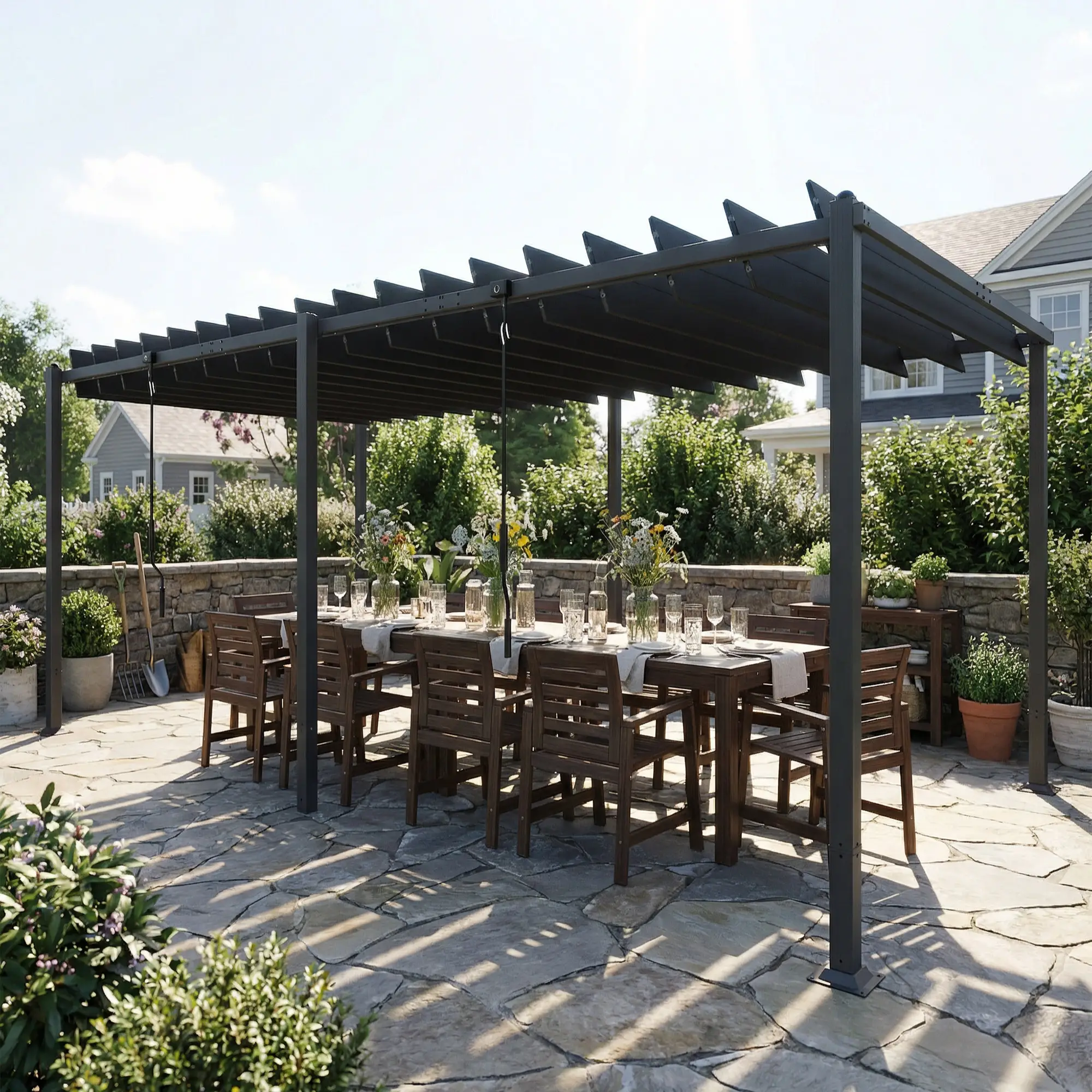 10' x 19' Dark Grey Louvered Pergola, UPF50+ Adjustable Roof, Aluminum Frame, Dark Grey - Image 9