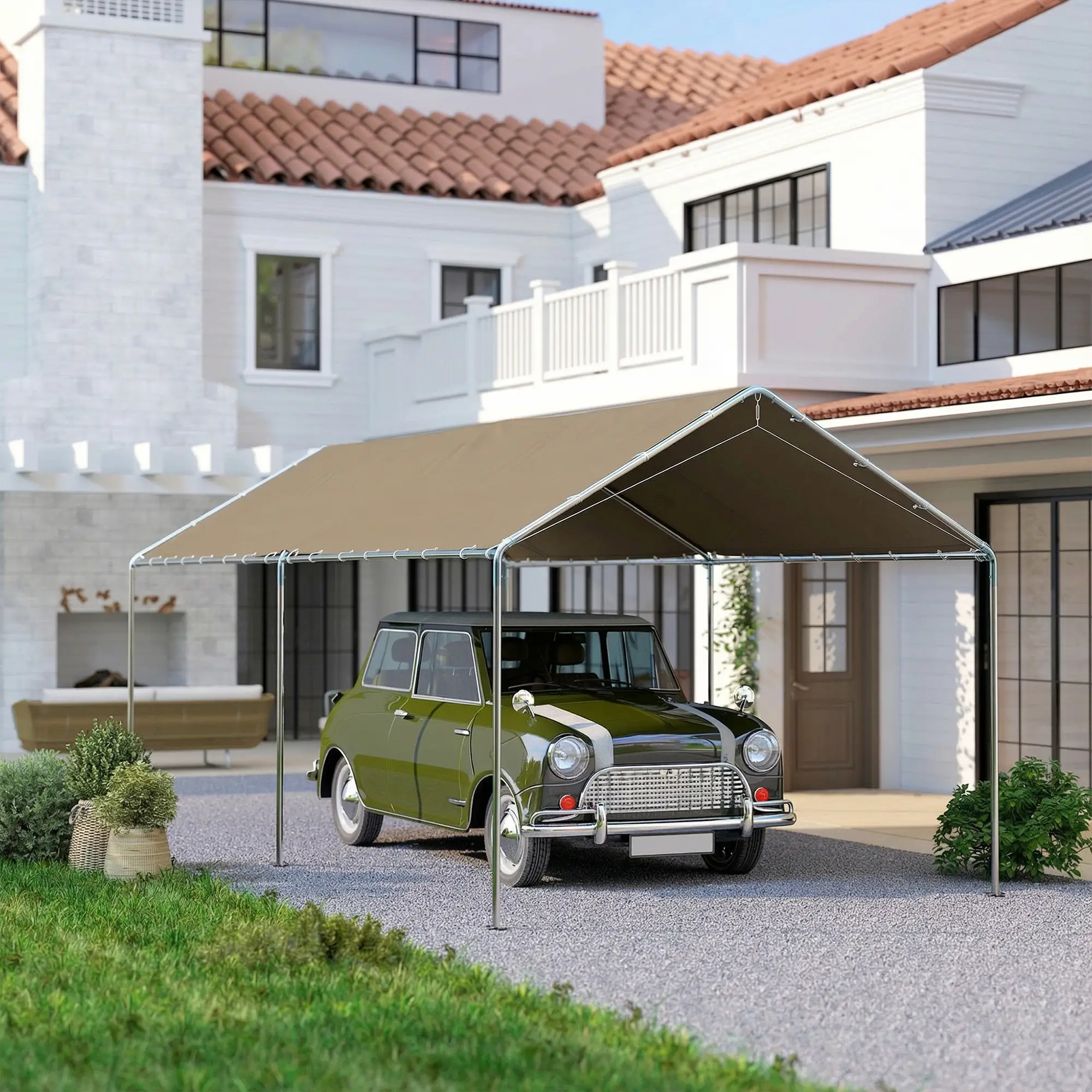 10' x 20' Carport, Heavy Duty Galvanized Canopy, Khaki - Image 9