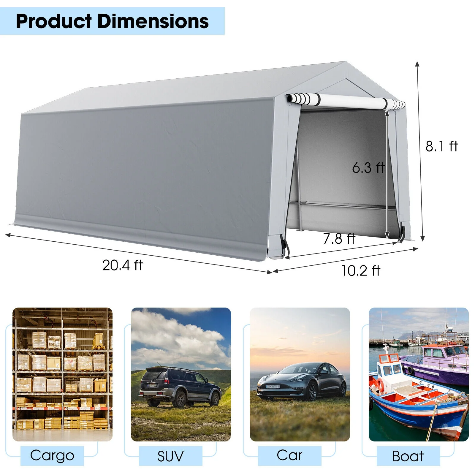 10 x 20 Ft Heavy Duty Outdoor Carport, 2 Doors, Gray - Image 5