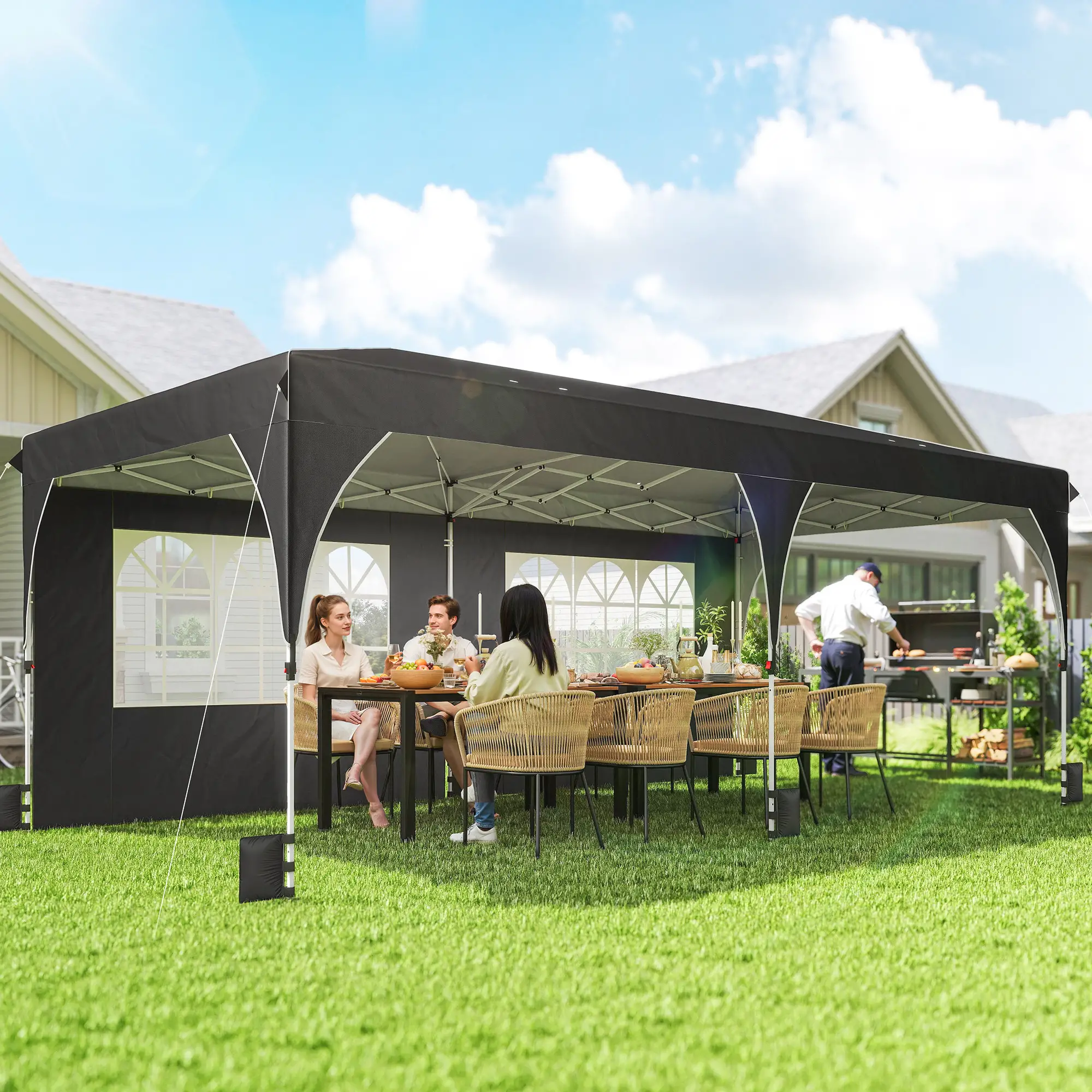 10 x 20 ft Pop Up Canopy Tent, Reflective Strips, UPF 50+, 6 Sandbags, Black - Image 2