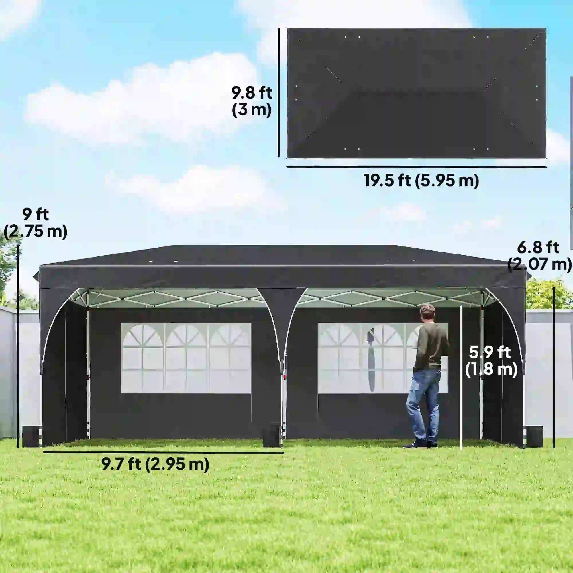 10 x 20 ft Pop Up Canopy Tent, Reflective Strips, UPF 50+, 6 Sandbags, Black - Image 3