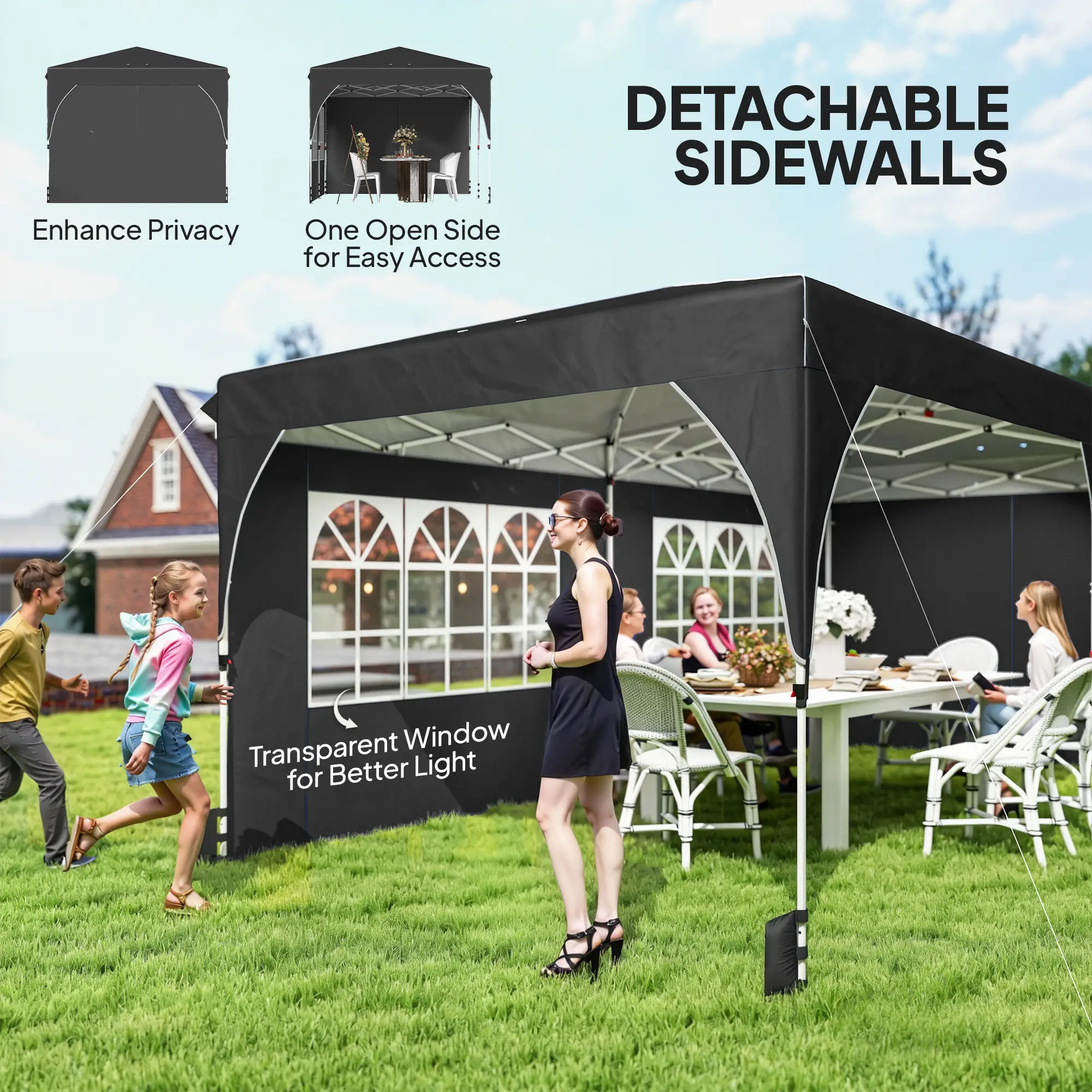 10 x 20 ft Pop Up Canopy Tent, Reflective Strips, UPF 50+, 6 Sandbags, Black - Image 6