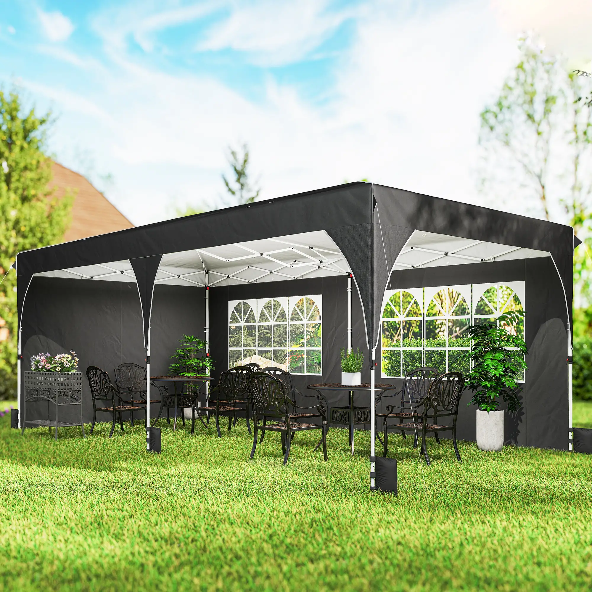 10 x 20 ft Pop Up Canopy Tent, Reflective Strips, UPF 50+, 6 Sandbags, Black - Image 7