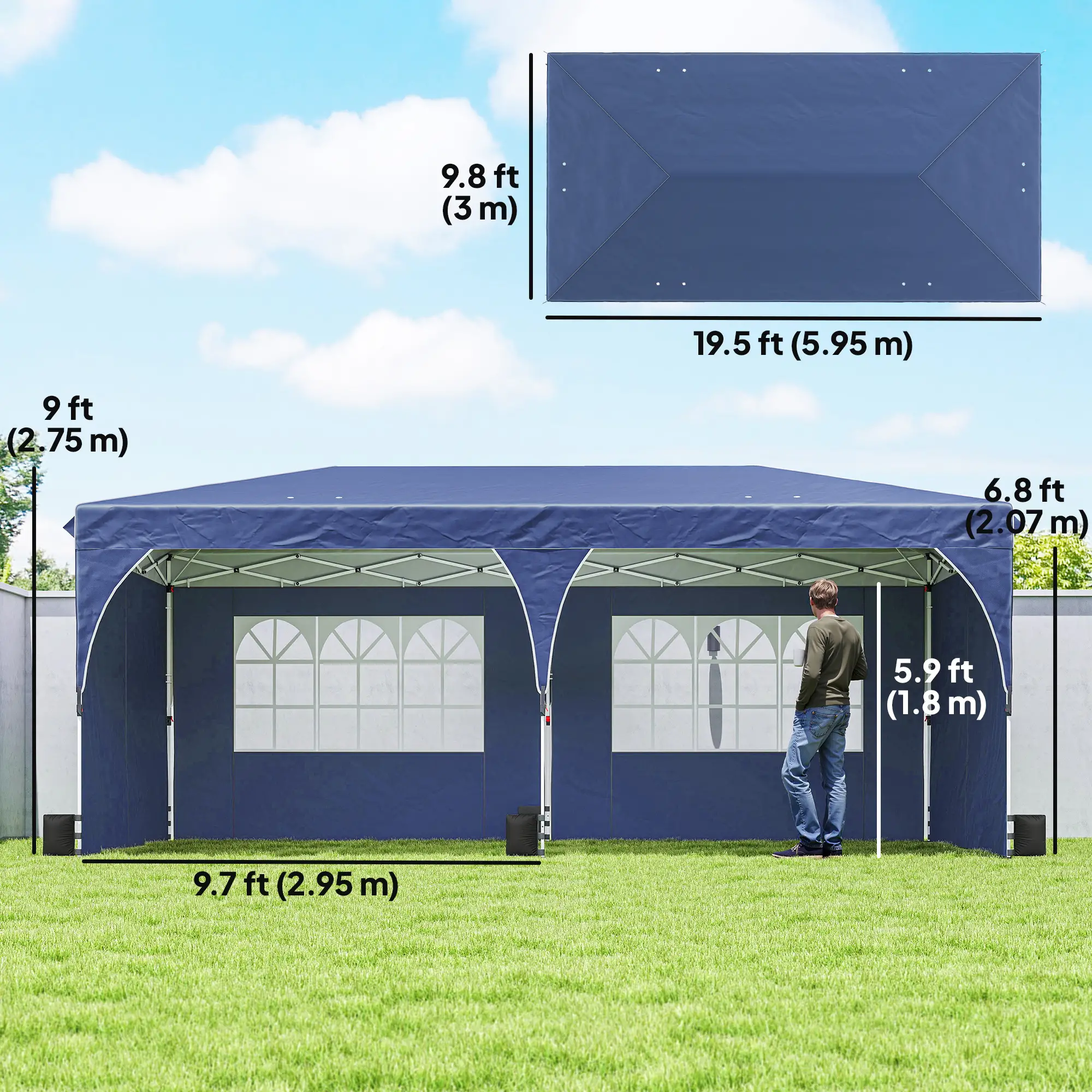 10 x 20 ft Pop Up Canopy Tent, UPF 50+, 6 Sandbags, Dark Blue - Image 3