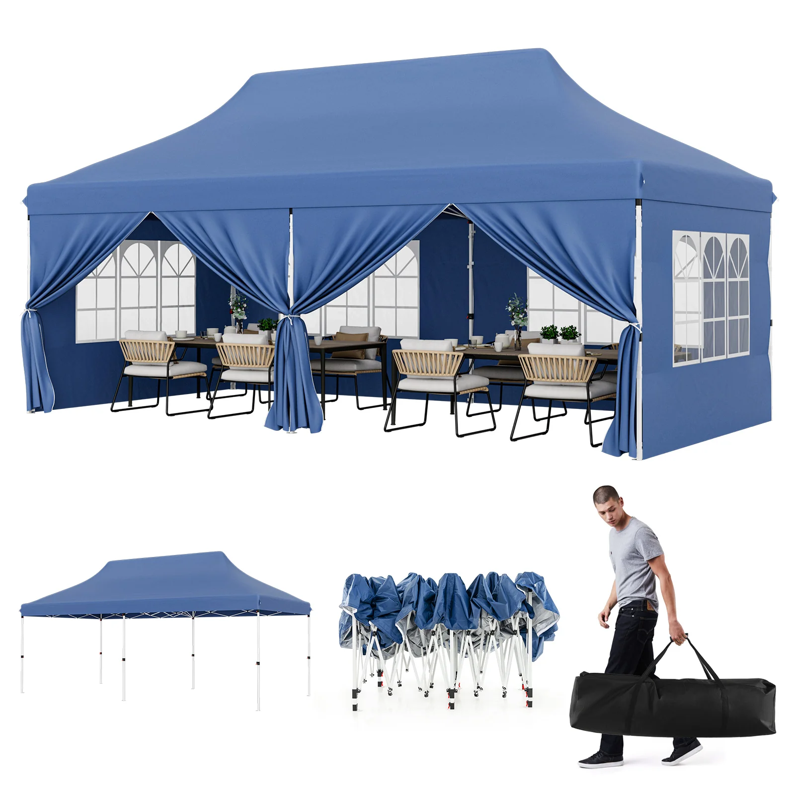 10 x 20 FT Pop Up Canopy With 6 Sidewalls, Windows, Carrying Bag, Blue