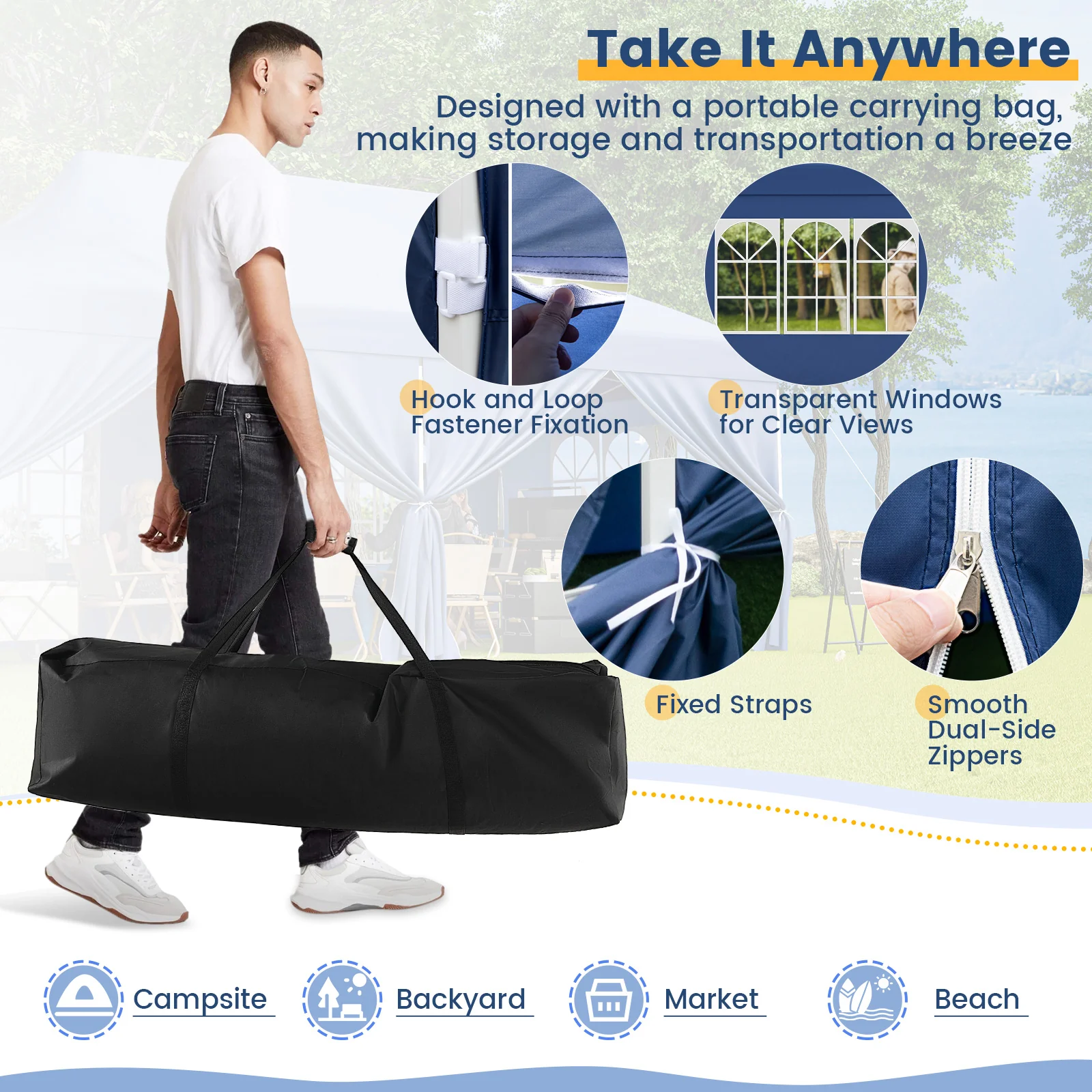 10 x 20 FT Pop Up Canopy With 6 Sidewalls, Windows, Carrying Bag, Blue - Image 6