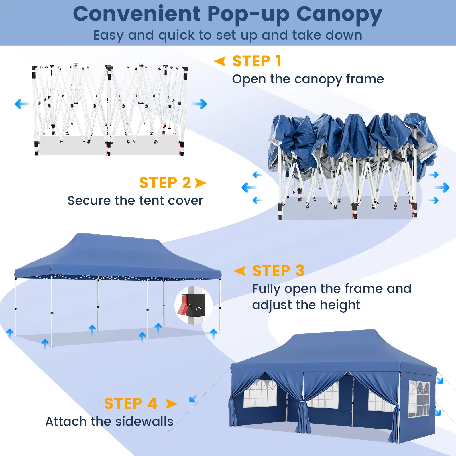 10 x 20 FT Pop Up Canopy With 6 Sidewalls, Windows, Carrying Bag, Blue - Image 9