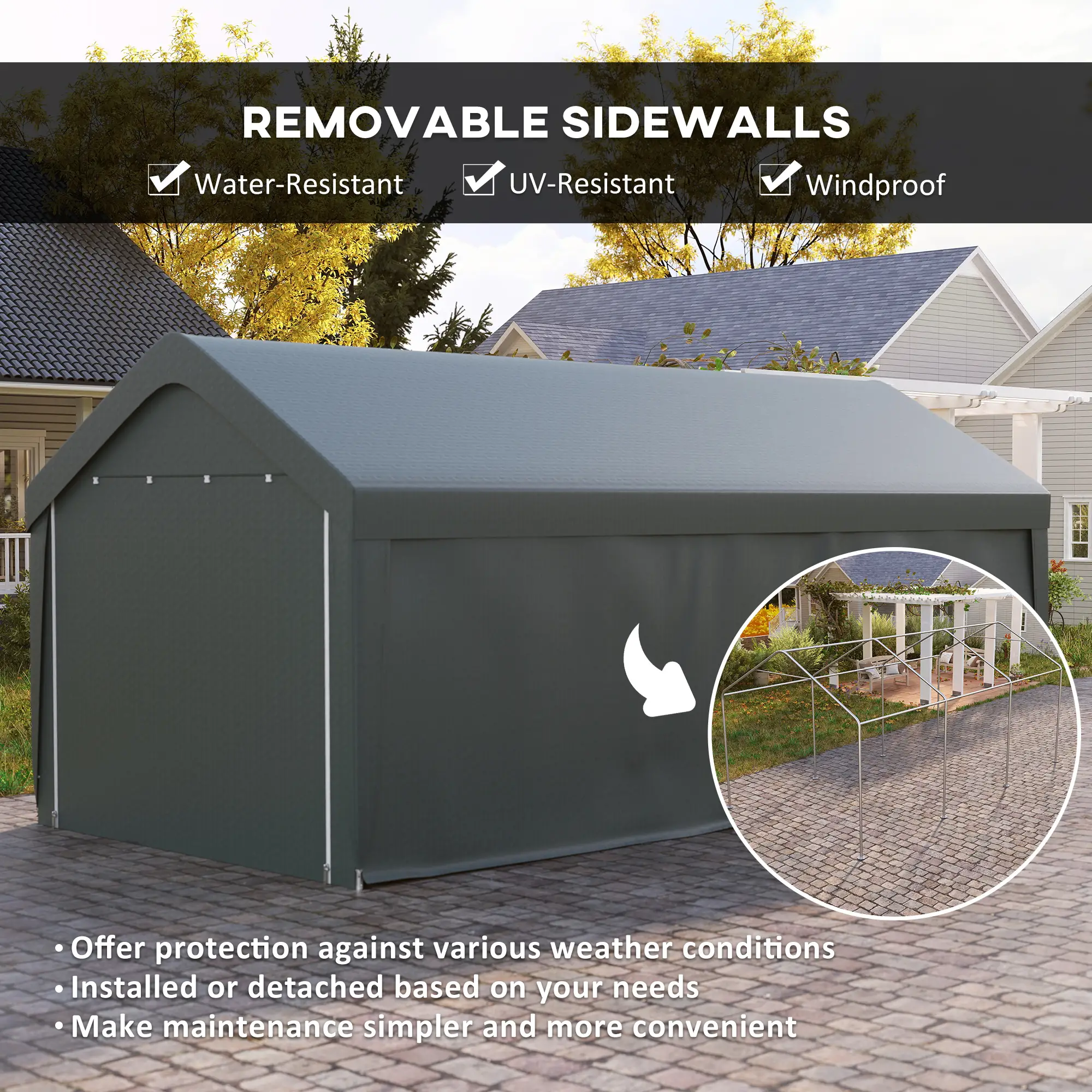 10 x 20 ft Portable Carport, 2 Roll-Up Doors, Removable Sidewalls, Dark Grey - Image 5