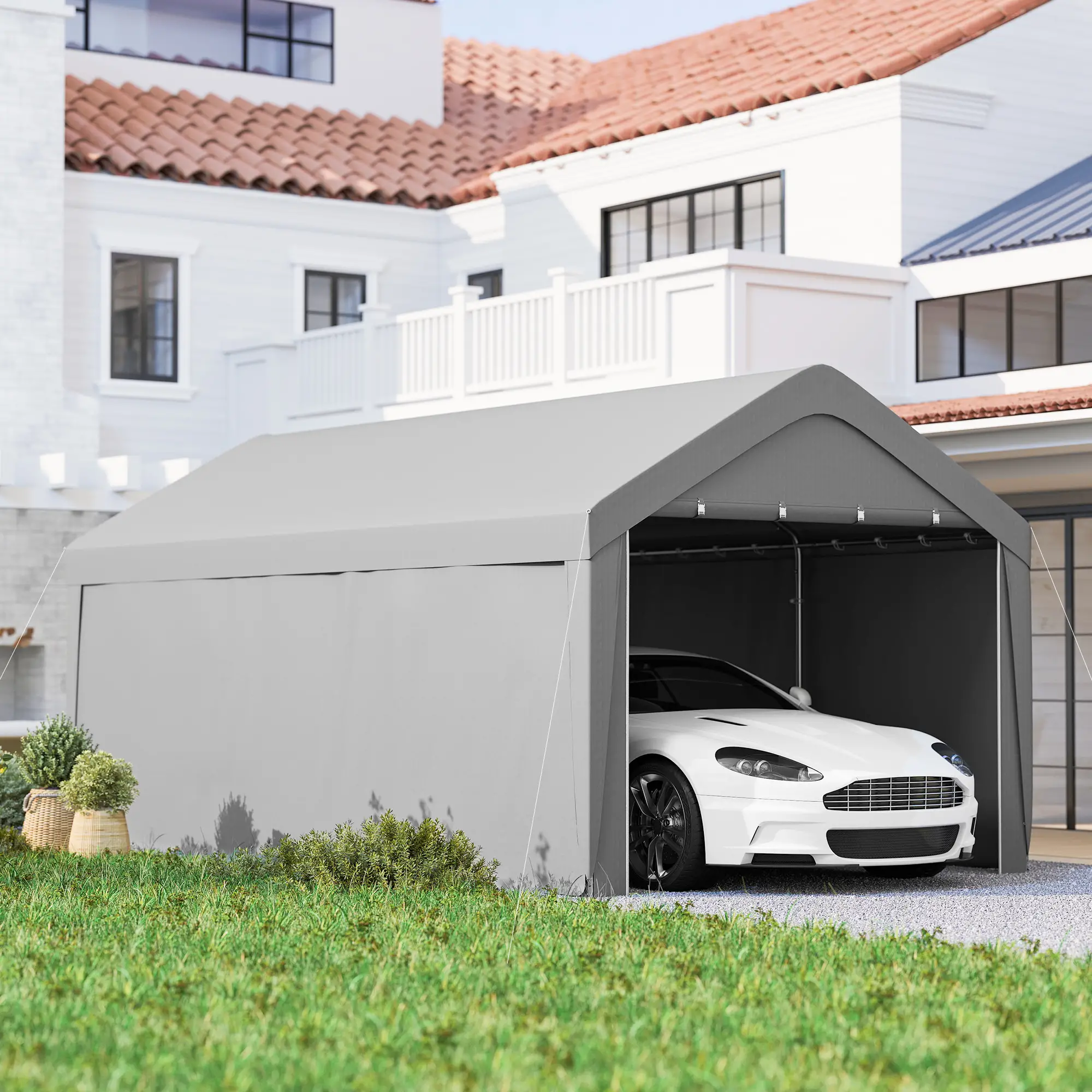 10 x 20 ft Portable Garage, 2 Roll-Up Doors, Removable Sidewalls, Light Grey - Image 2