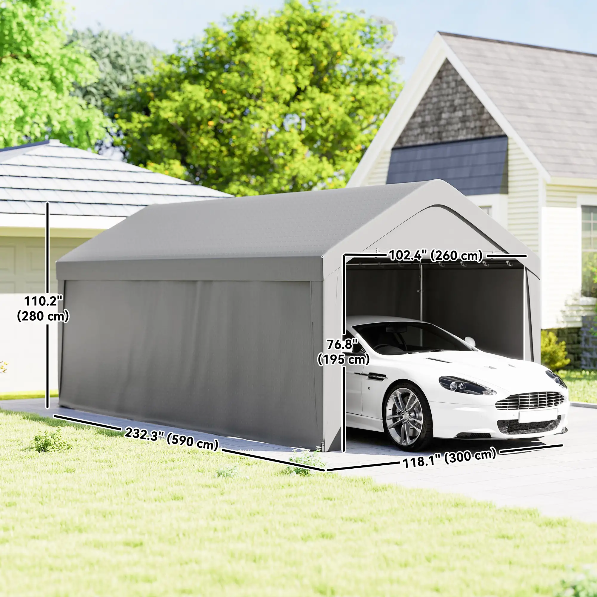 10 x 20 ft Portable Garage, 2 Roll-Up Doors, Removable Sidewalls, Light Grey - Image 3