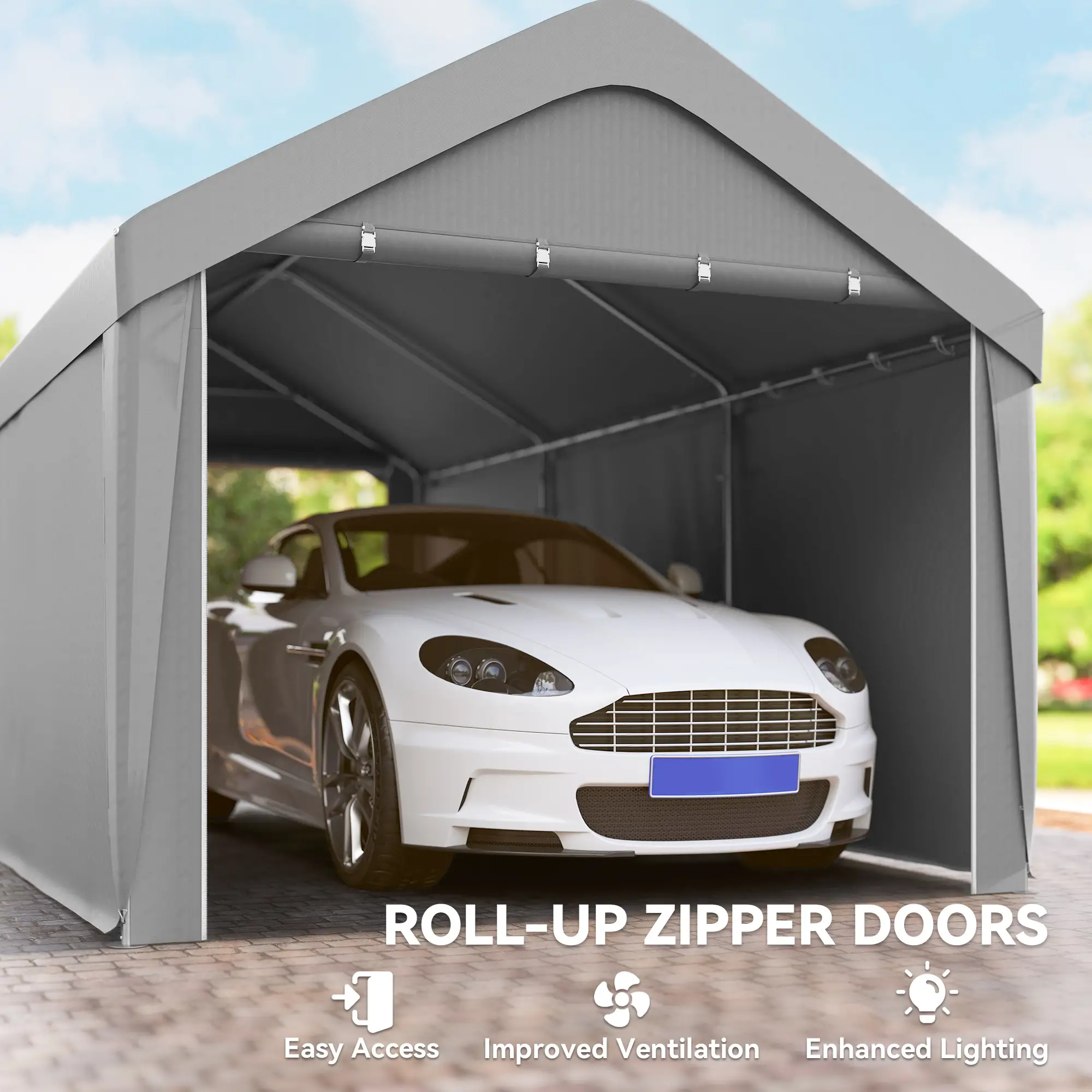 10 x 20 ft Portable Garage, 2 Roll-Up Doors, Removable Sidewalls, Light Grey - Image 6