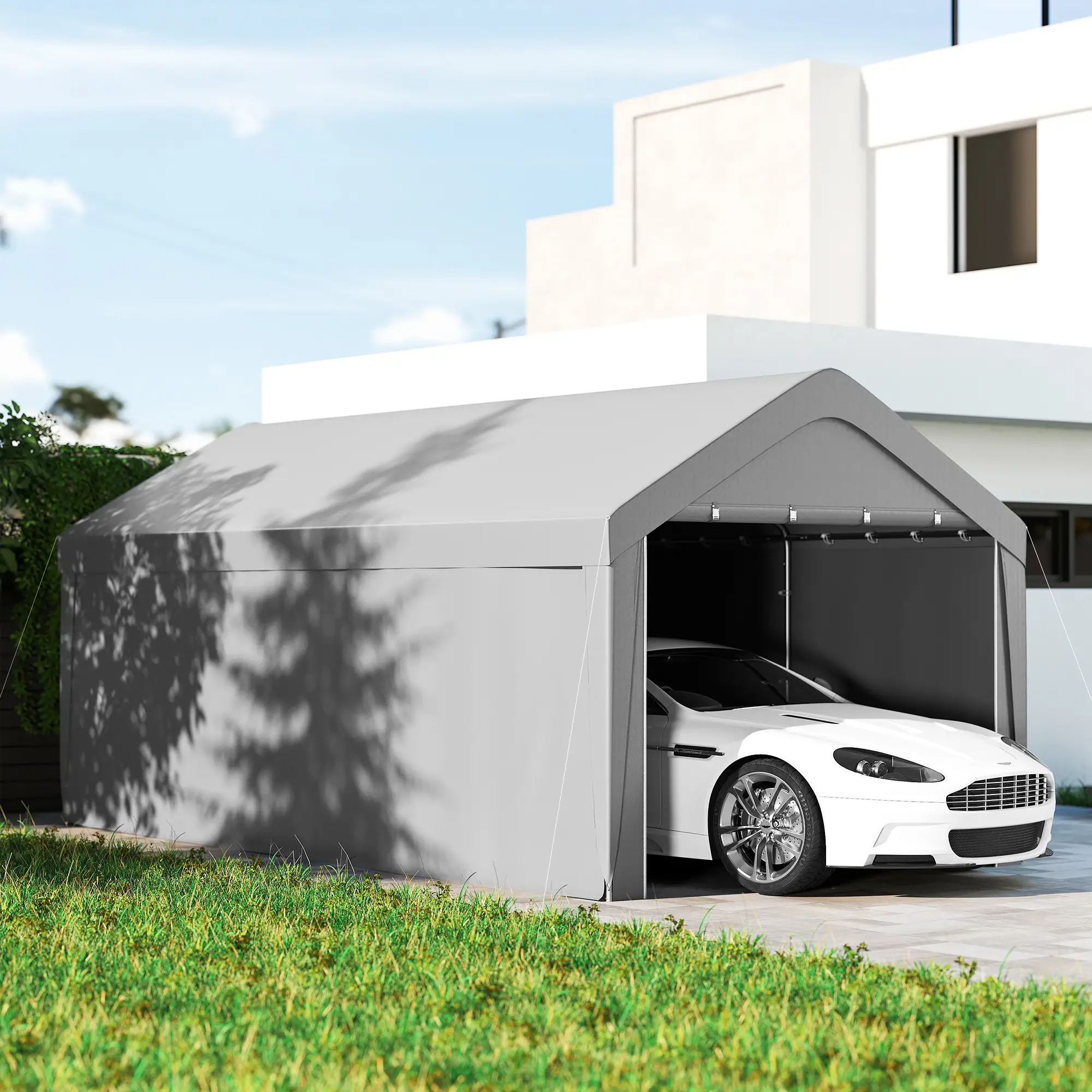 10 x 20 ft Portable Garage, 2 Roll-Up Doors, Removable Sidewalls, Light Grey - Image 8