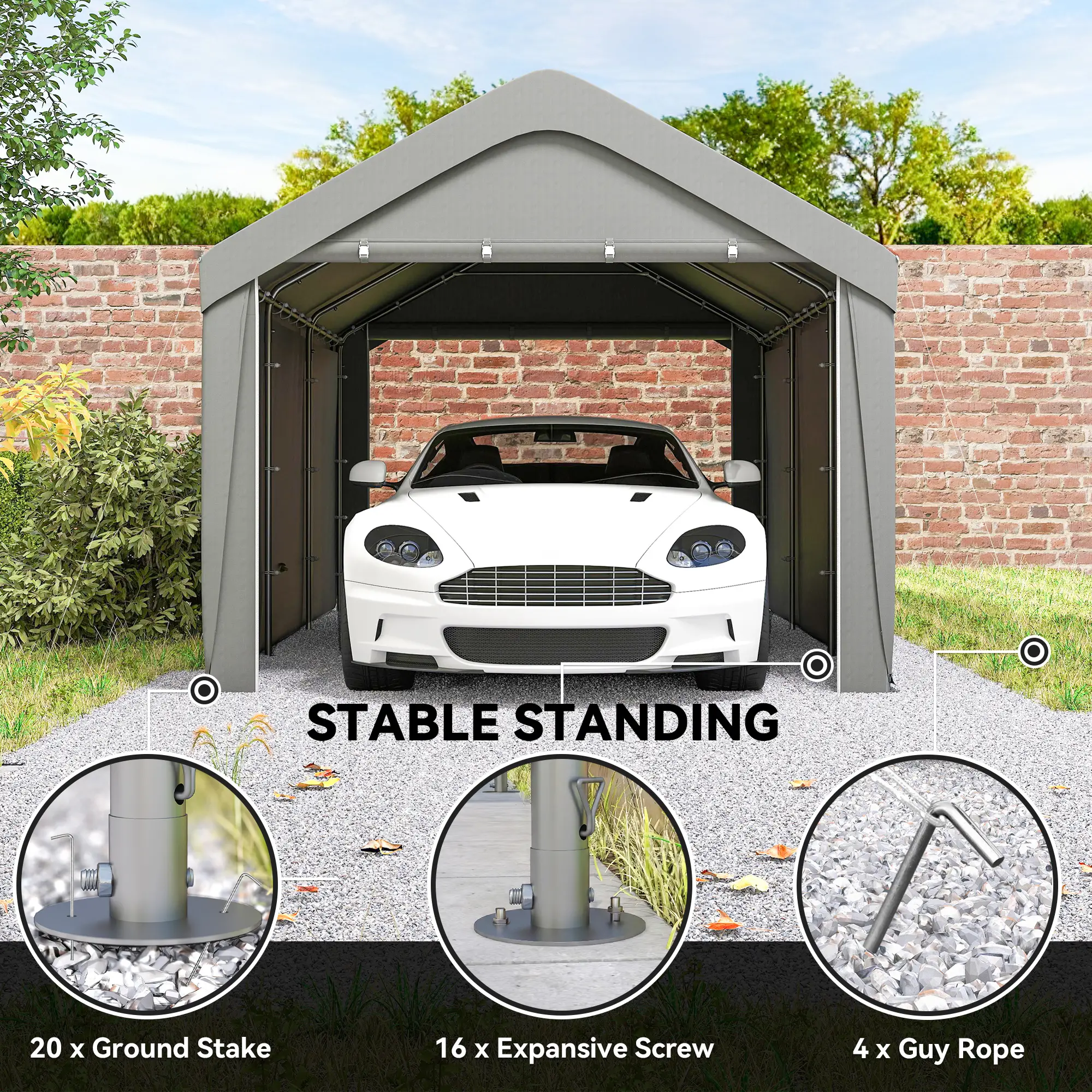 10 x 20 ft Portable Garage, 2 Roll-Up Doors, Removable Sidewalls, Light Grey - Image 9