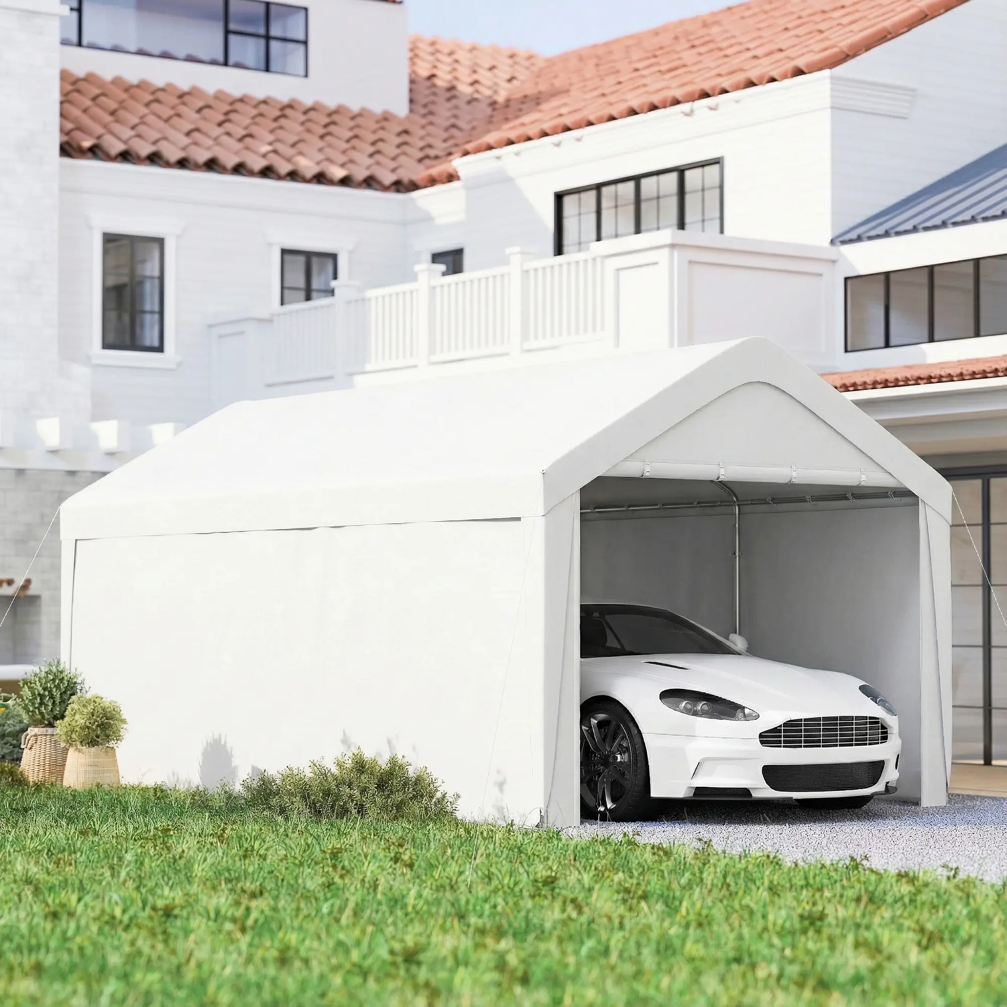 10 x 20 ft Portable Garage, 2 Roll-Up Doors, Removable Sidewalls, White - Image 2