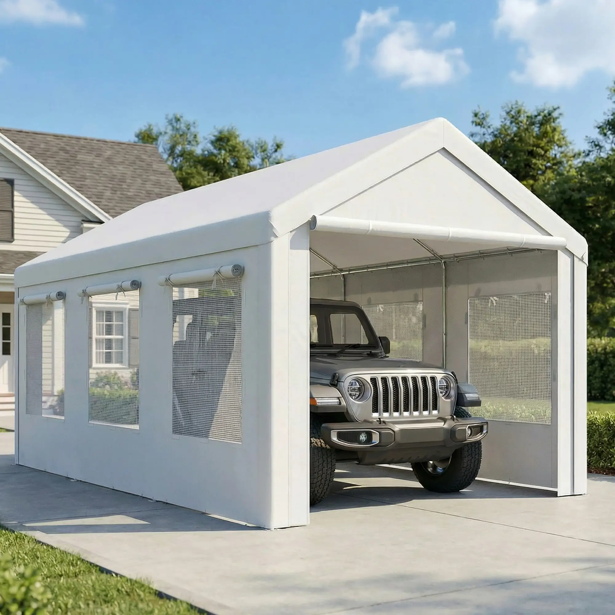 10' x 20' Heavy Duty Carport, Adjustable Garage Canopy Tent, White - Image 2
