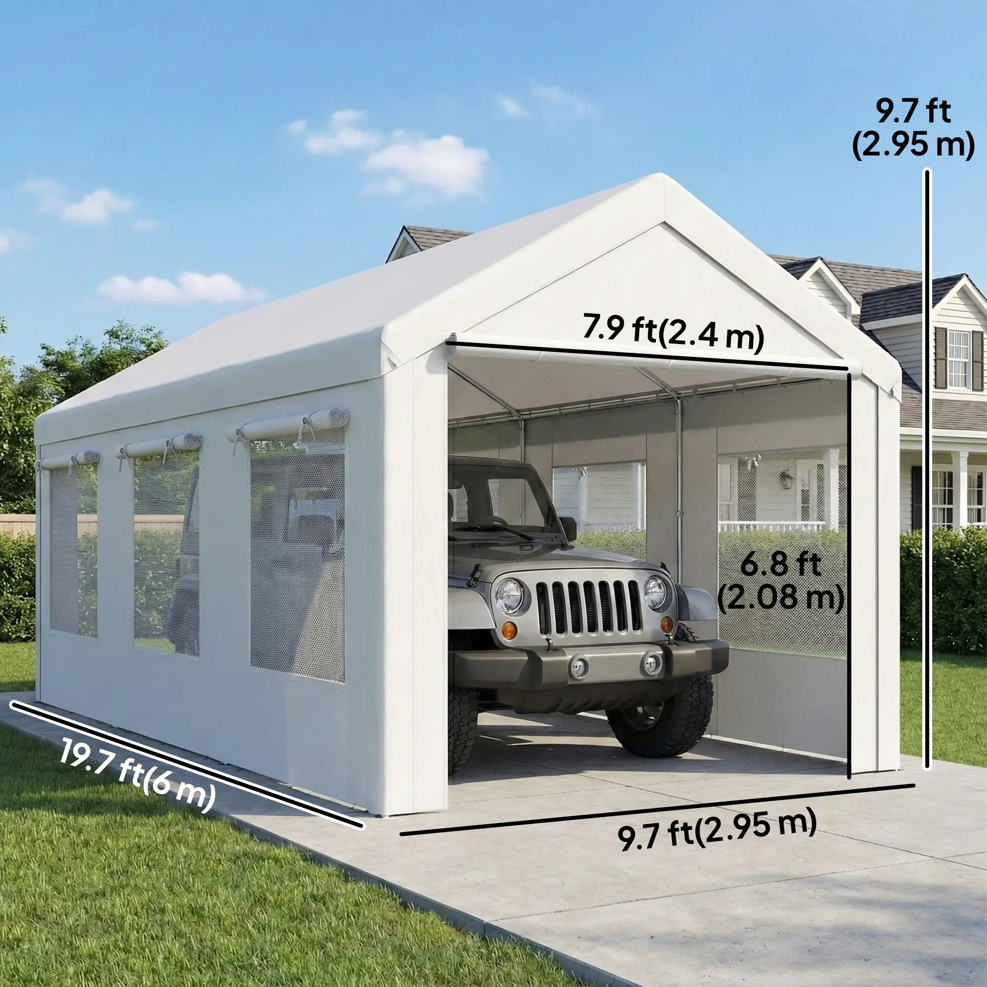10' x 20' Heavy Duty Carport, Adjustable Garage Canopy Tent, White - Image 3