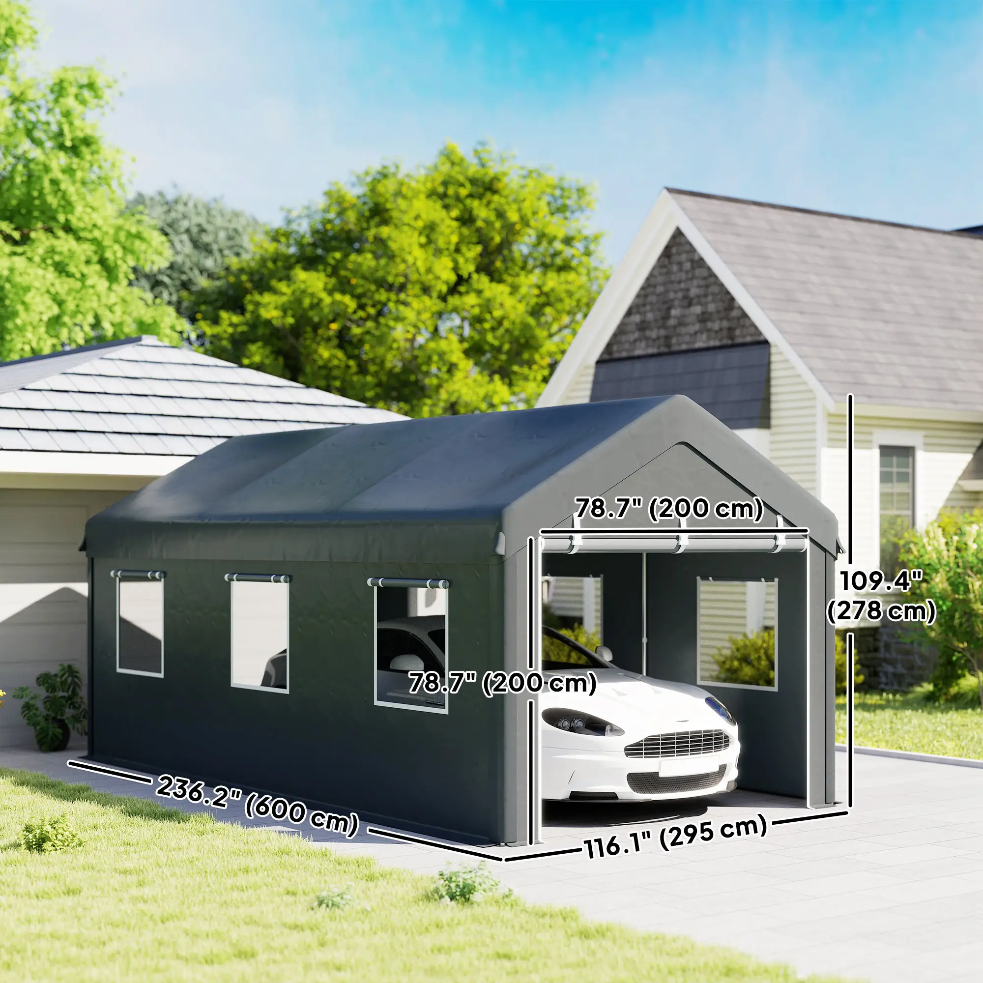 10' x 20' Heavy Duty Portable Garage, 6 Mesh Windows, 2 Doors, Dark Grey - Image 3