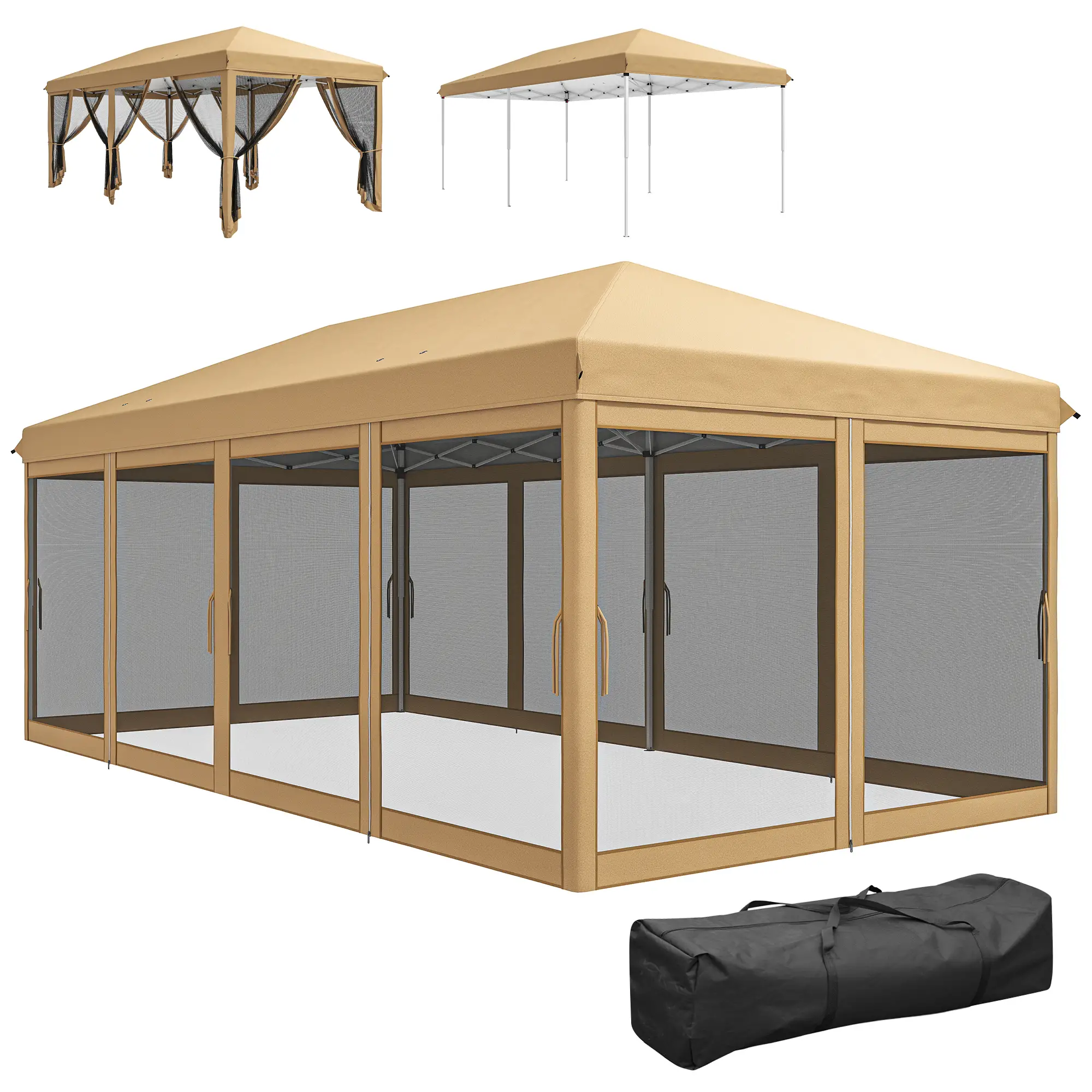 10' x 20' Pop Up Canopy Tent Gazebo, Removable Mesh Sidewalls, Carry Bag, Beige