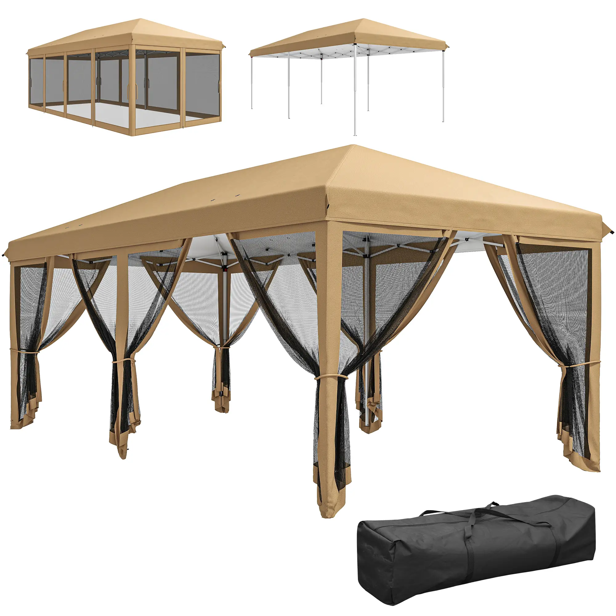 10' x 20' Pop Up Canopy Tent Gazebo, Removable Mesh Sidewalls, Carry Bag, Beige - Image 11