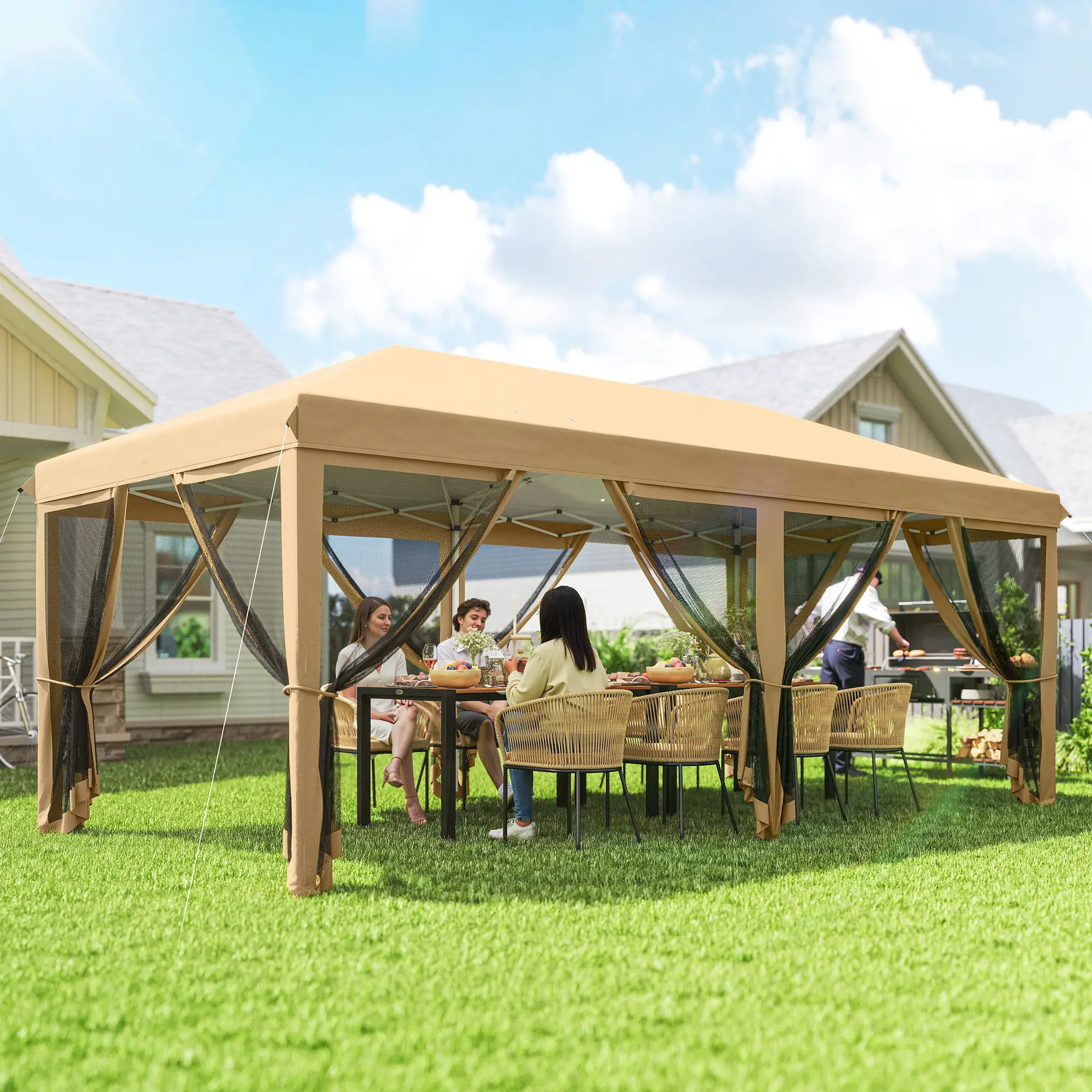 10' x 20' Pop Up Canopy Tent Gazebo, Removable Mesh Sidewalls, Carry Bag, Beige - Image 2