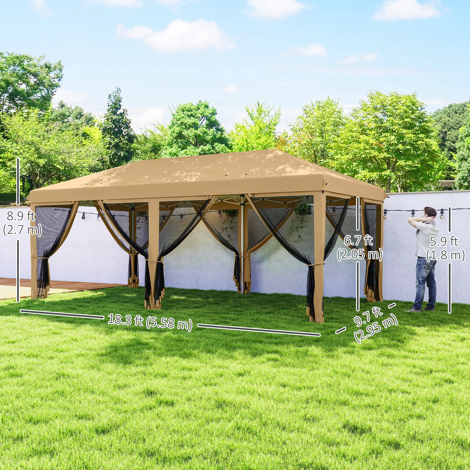 10' x 20' Pop Up Canopy Tent Gazebo, Removable Mesh Sidewalls, Carry Bag, Beige - Image 3