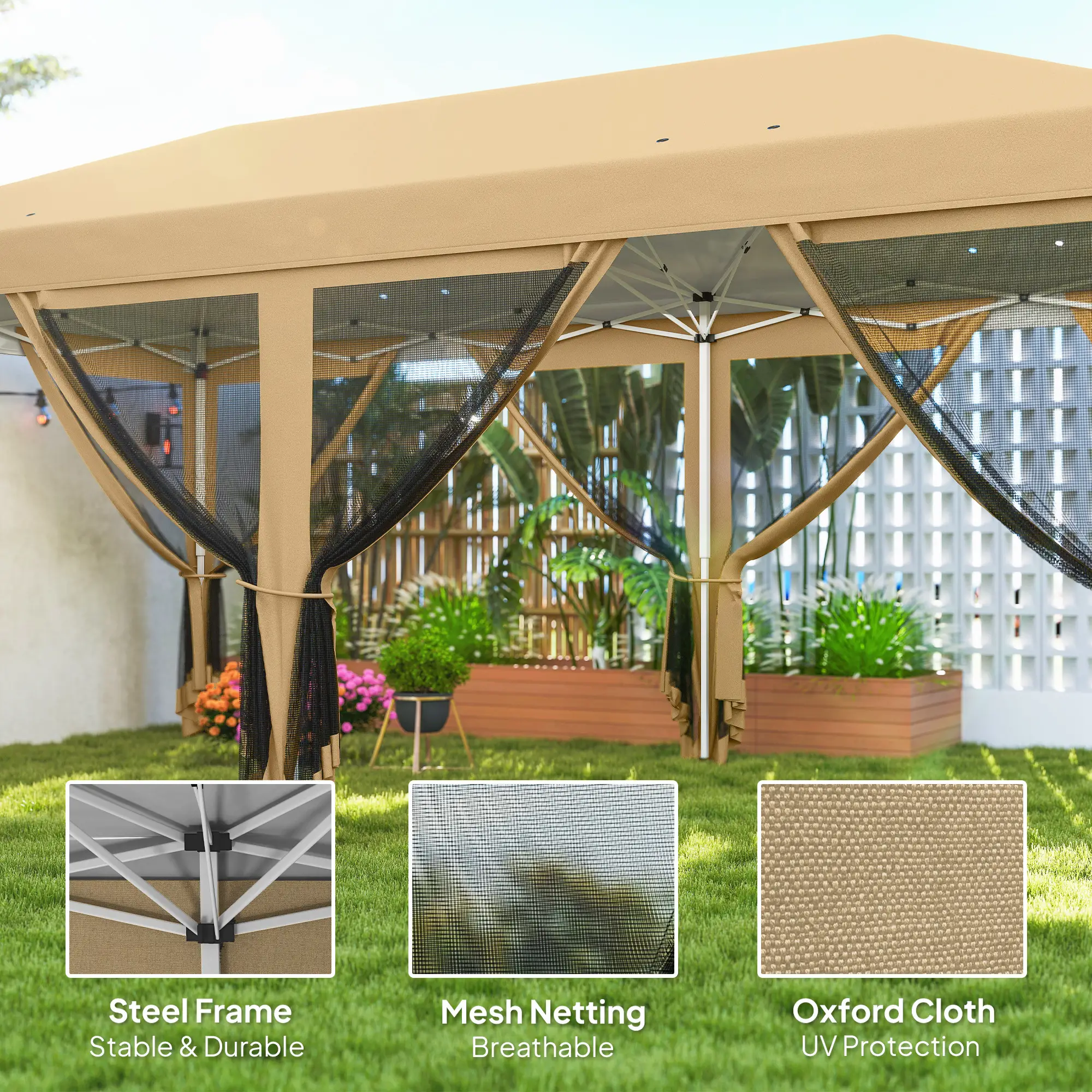 10' x 20' Pop Up Canopy Tent Gazebo, Removable Mesh Sidewalls, Carry Bag, Beige - Image 4
