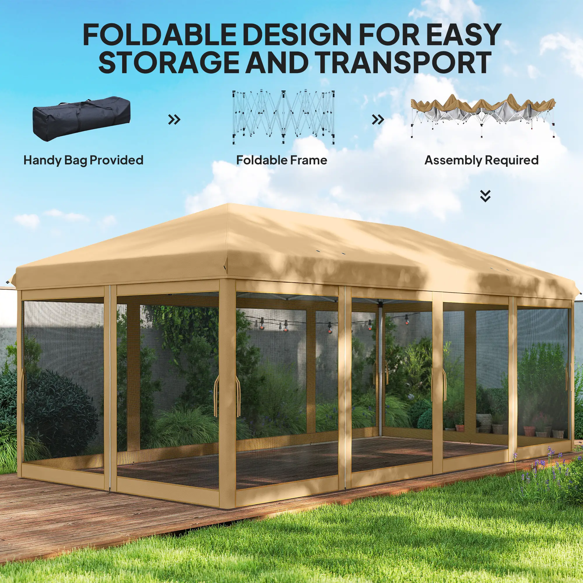 10' x 20' Pop Up Canopy Tent Gazebo, Removable Mesh Sidewalls, Carry Bag, Beige - Image 5