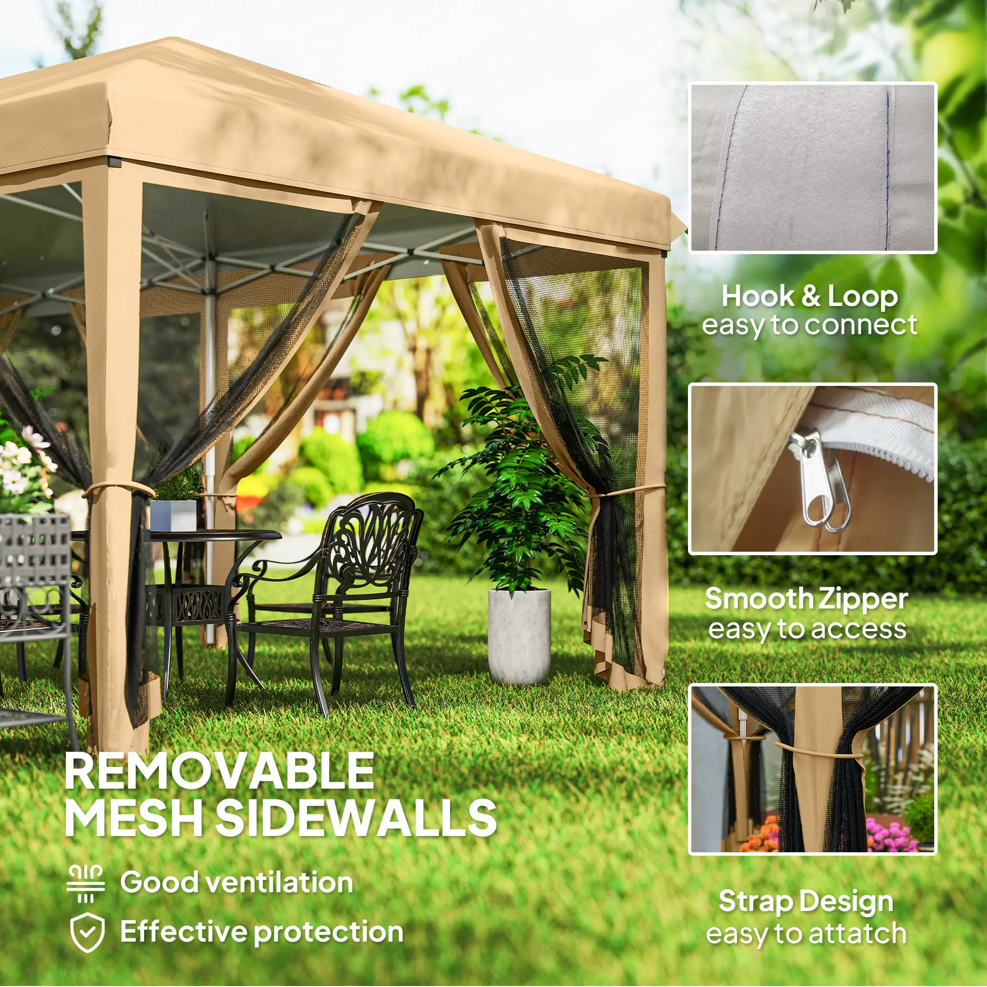 10' x 20' Pop Up Canopy Tent Gazebo, Removable Mesh Sidewalls, Carry Bag, Beige - Image 6