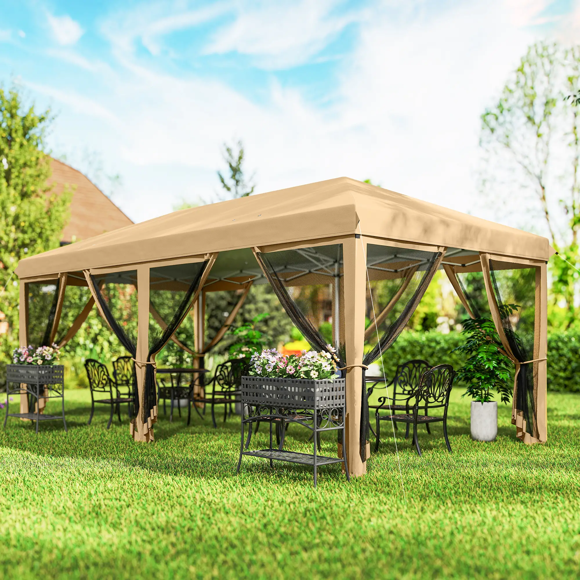 10' x 20' Pop Up Canopy Tent Gazebo, Removable Mesh Sidewalls, Carry Bag, Beige - Image 8