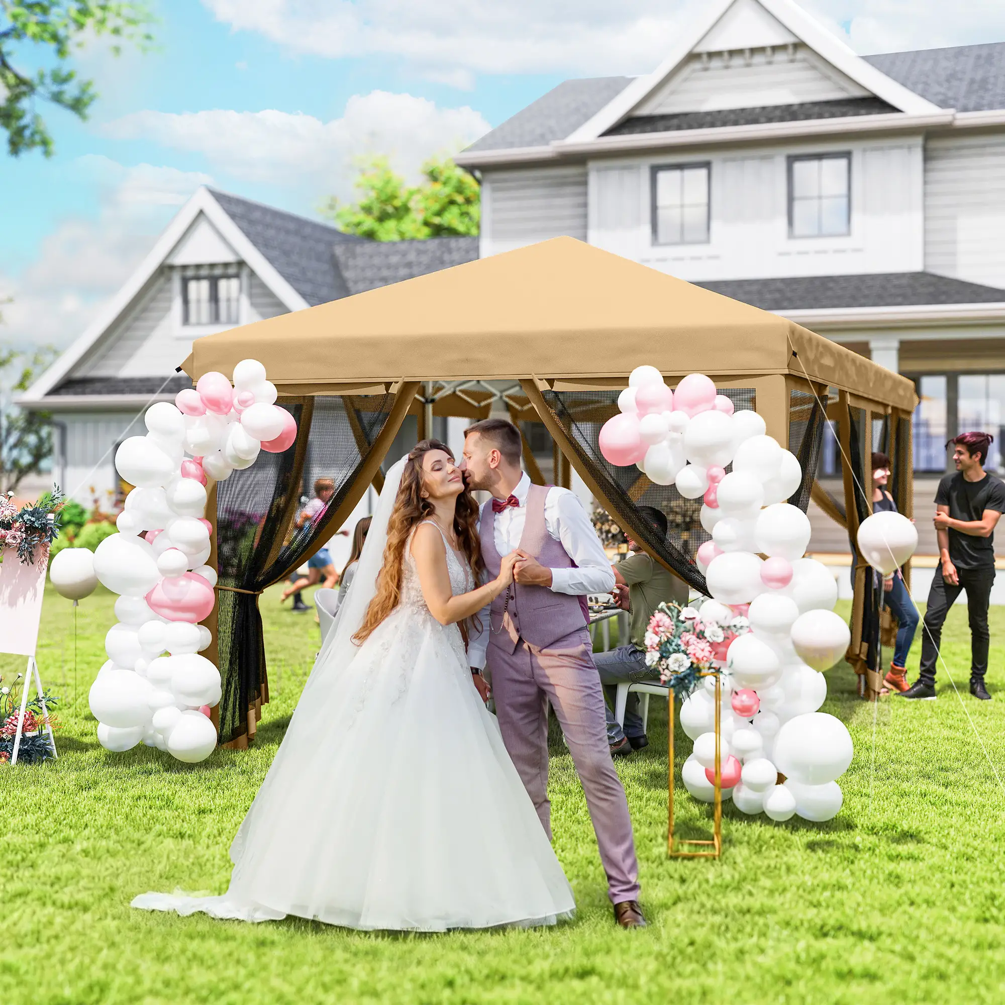 10' x 20' Pop Up Canopy Tent Gazebo, Removable Mesh Sidewalls, Carry Bag, Beige - Image 9