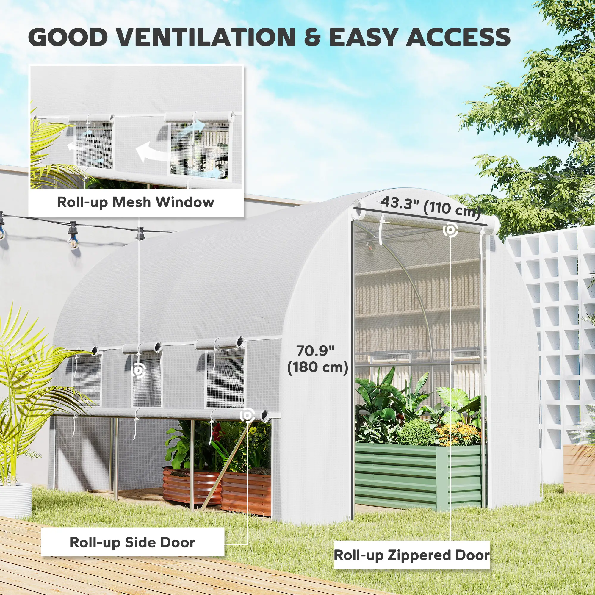 10' x 6.6' x 6.6' Walk-In Greenhouse, PE Cover, Zipper Doors, Mesh Windows, White - Image 4