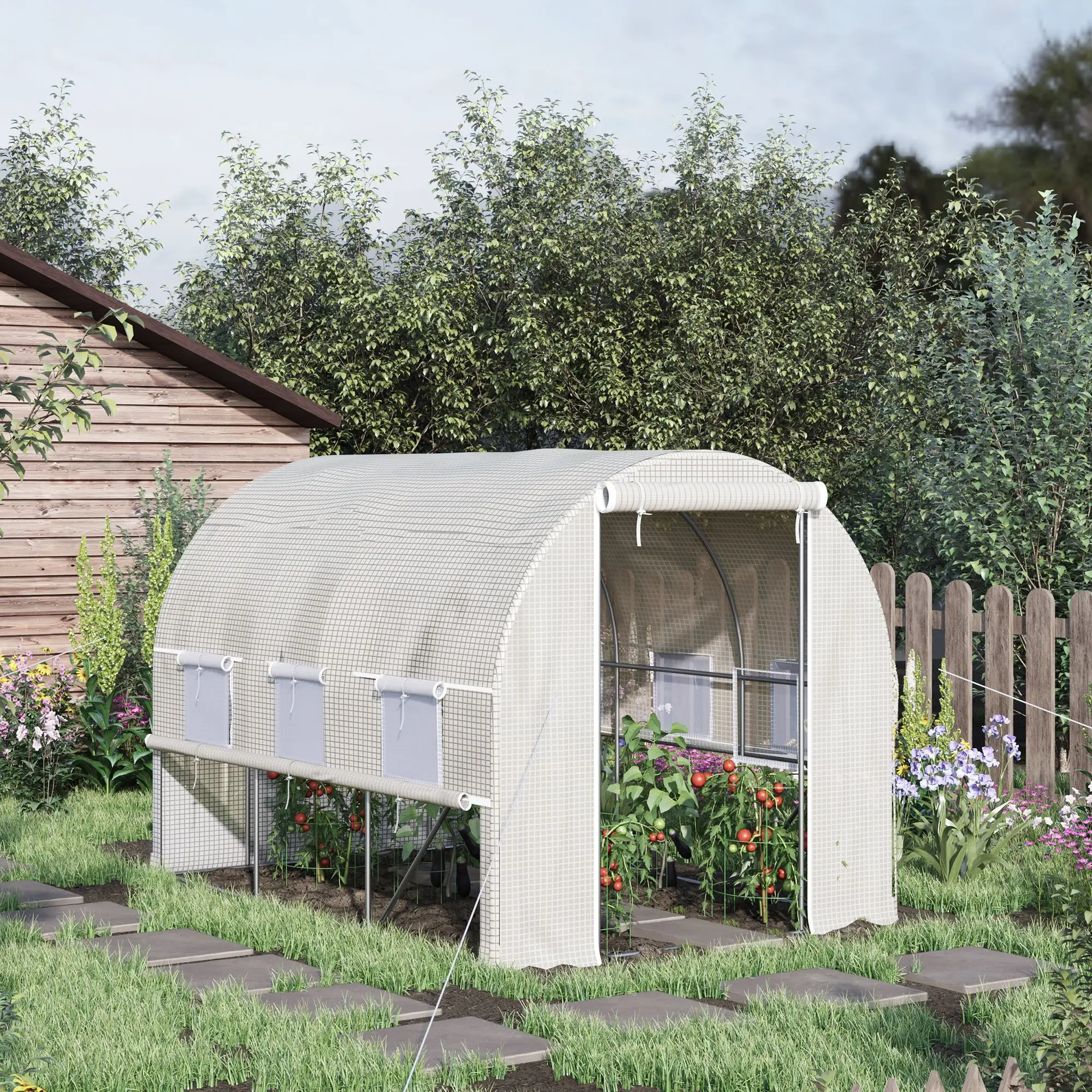 10' x 6.6' x 6.6' Walk-In Greenhouse, PE Cover, Zipper Doors, Mesh Windows, White - Image 8
