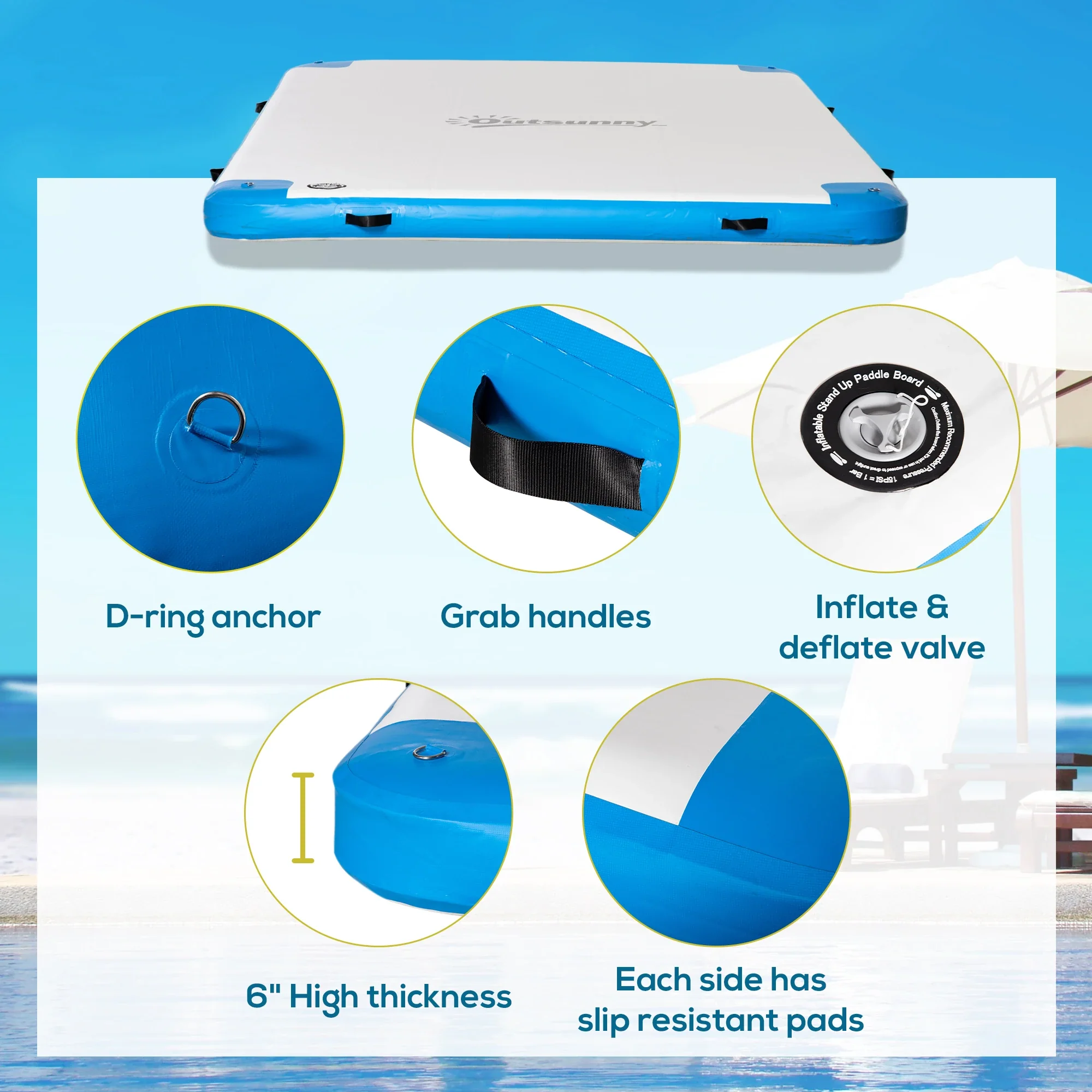 10' x 7' Inflatable Floating Dock, for Pool, Beach, Ocean, Blue - Image 4