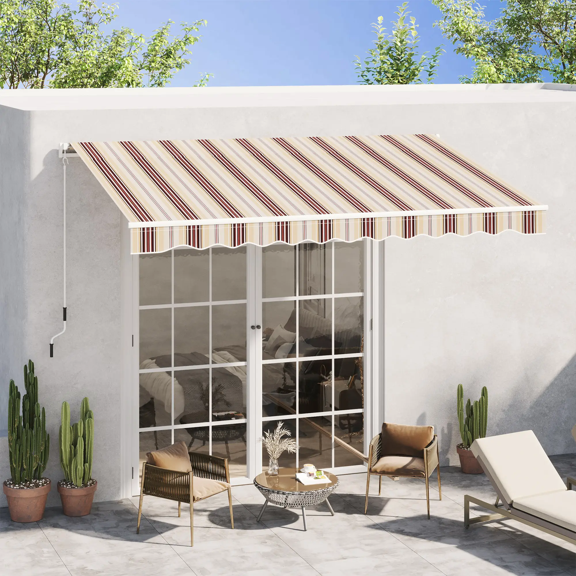 10' x 8' Manual Retractable Awning, Sun Shade Canopy, Aluminum Frame, UV Protection, Red Stripe, Red - Image 2