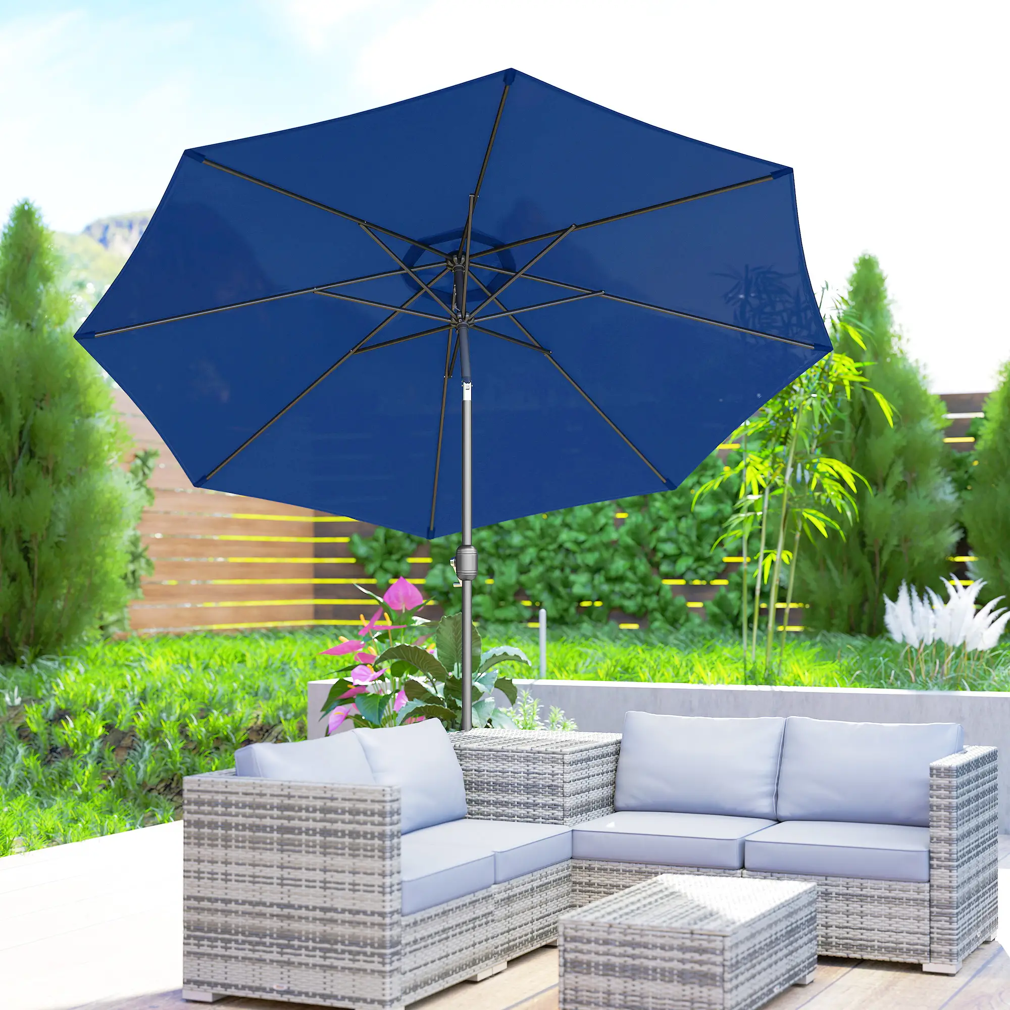 10' x 8' Round Market Umbrella, Crank Handle, Tilt, Blue - Image 10