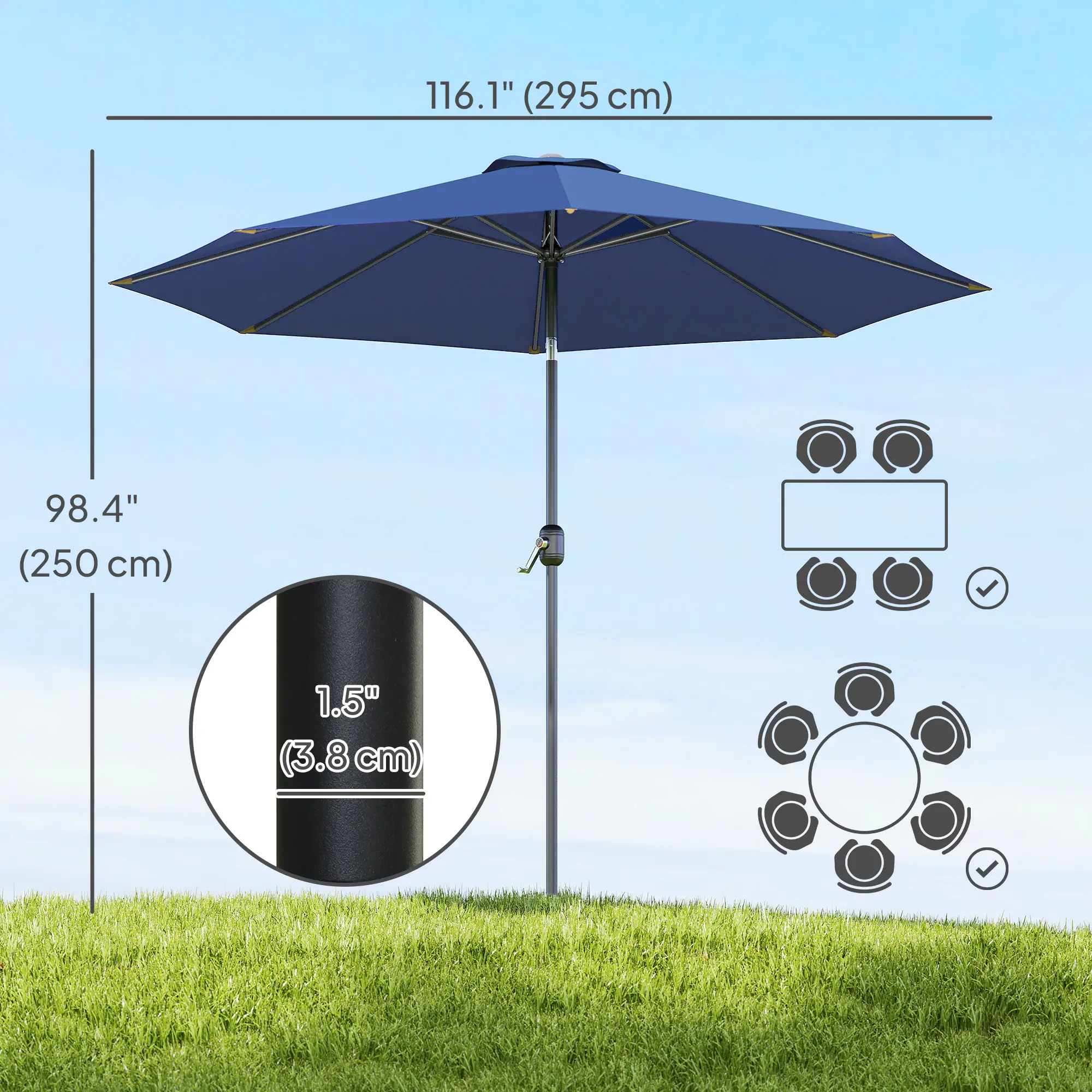 10' x 8' Round Market Umbrella, Crank Handle, Tilt, Blue - Image 3