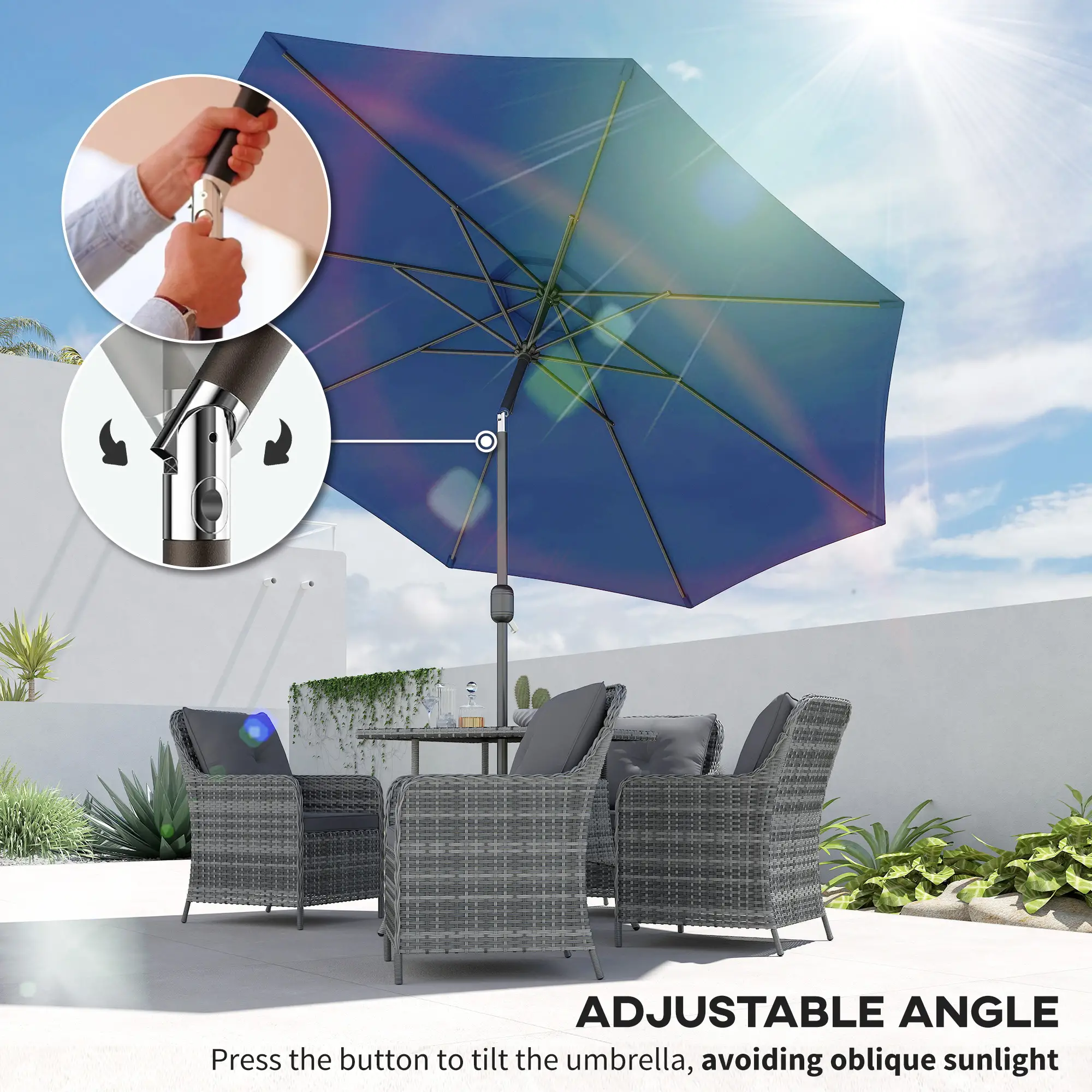 10' x 8' Round Market Umbrella, Crank Handle, Tilt, Blue - Image 4