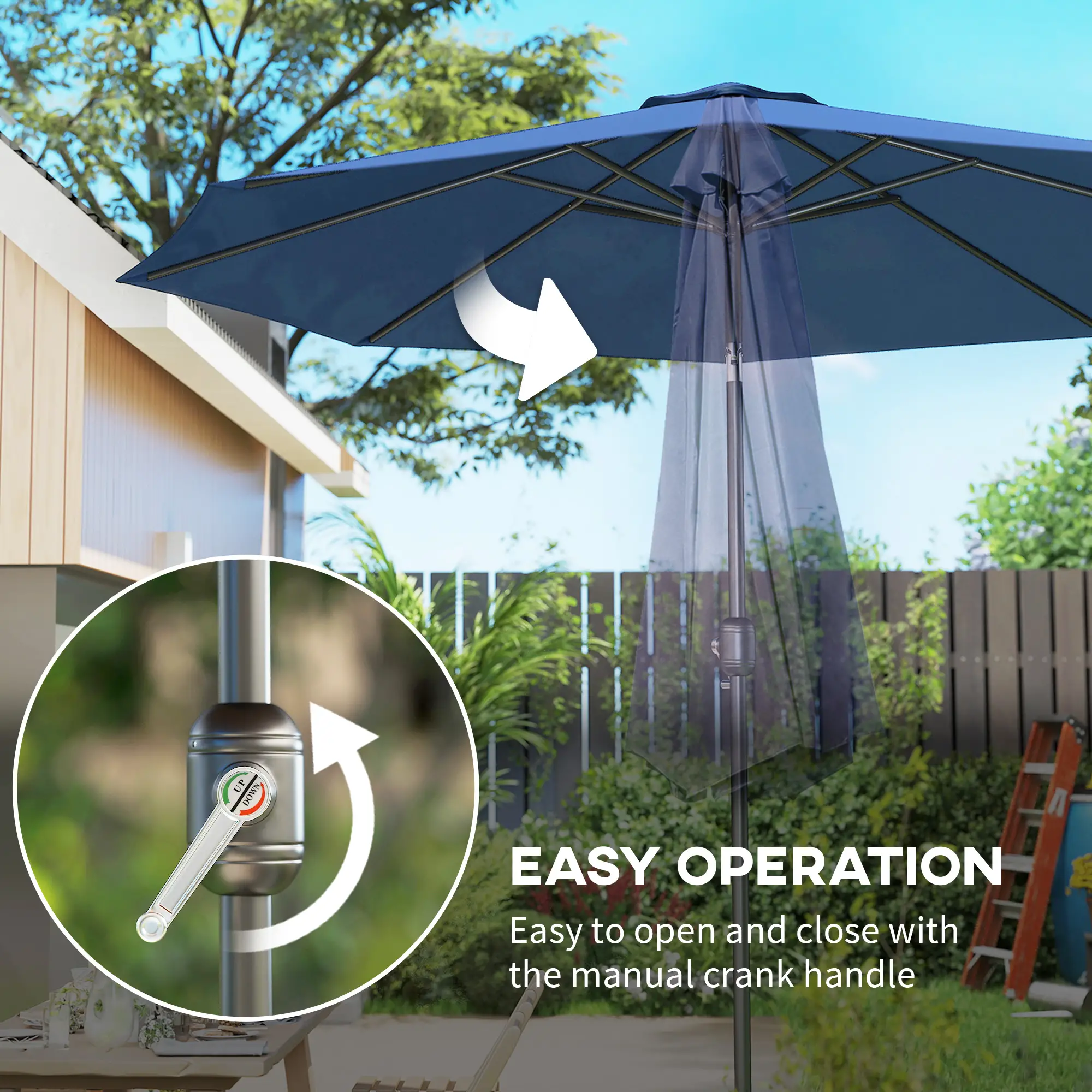 10' x 8' Round Market Umbrella, Crank Handle, Tilt, Blue - Image 5