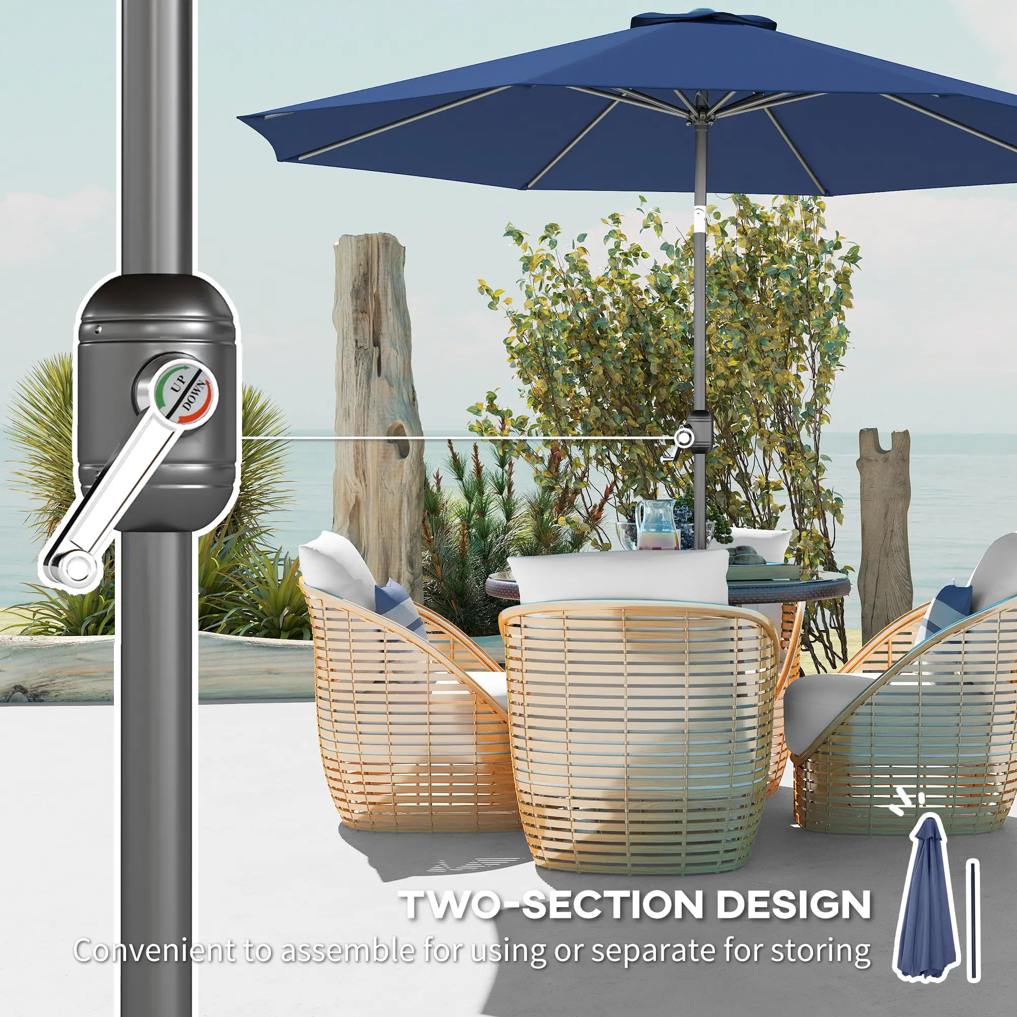 10' x 8' Round Market Umbrella, Crank Handle, Tilt, Blue - Image 6