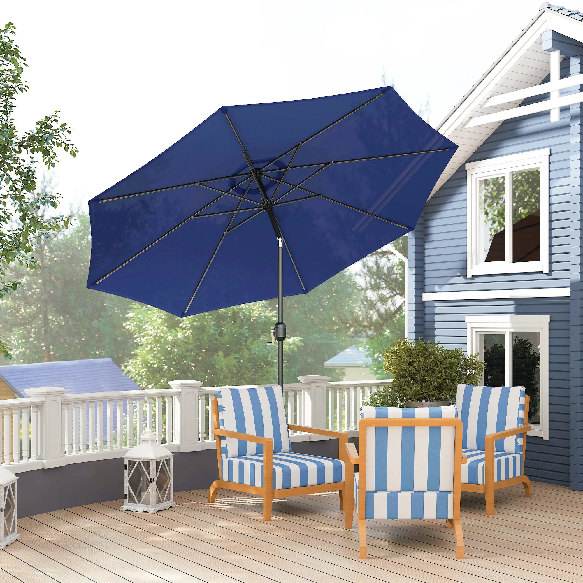 10' x 8' Round Market Umbrella, Crank Handle, Tilt, Blue - Image 8