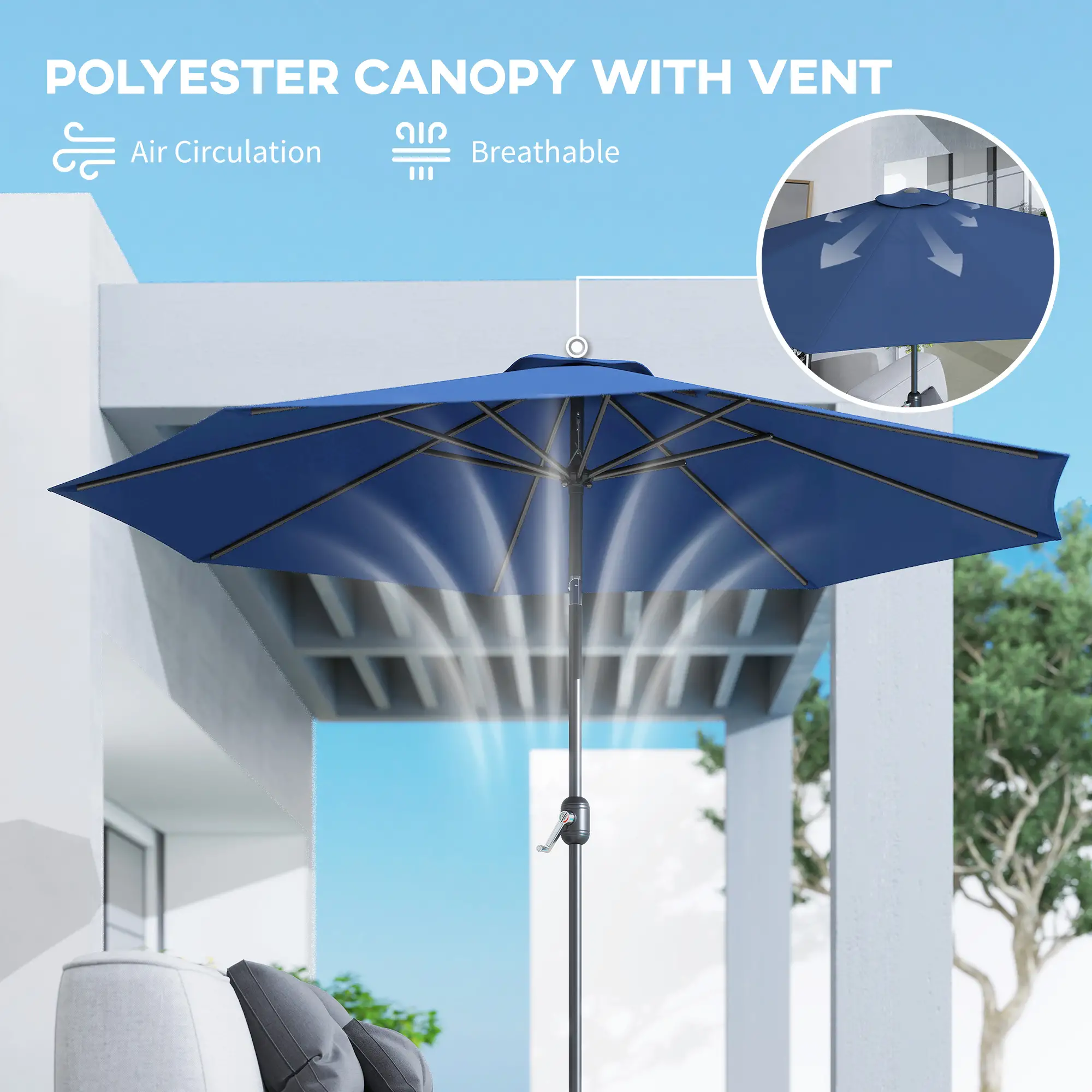 10' x 8' Round Market Umbrella, Crank Handle, Tilt, Blue - Image 9