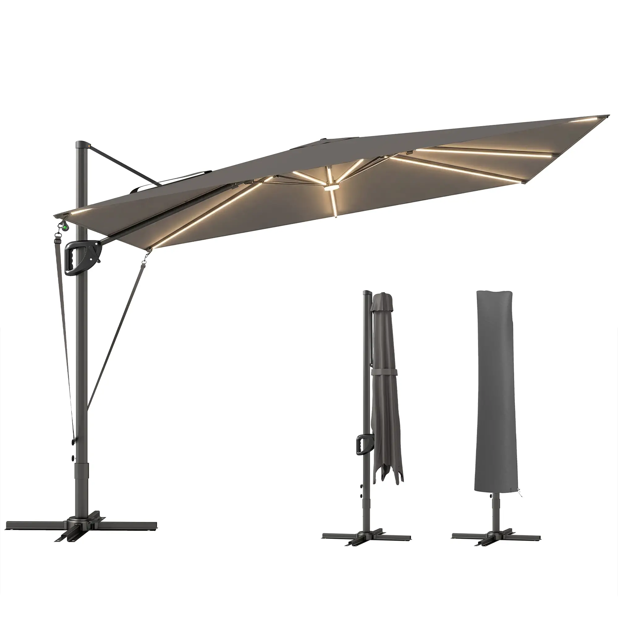 10 x 9.7 Ft Offset Cantilever Patio Umbrella With Lights, Dark Grey - Image 11