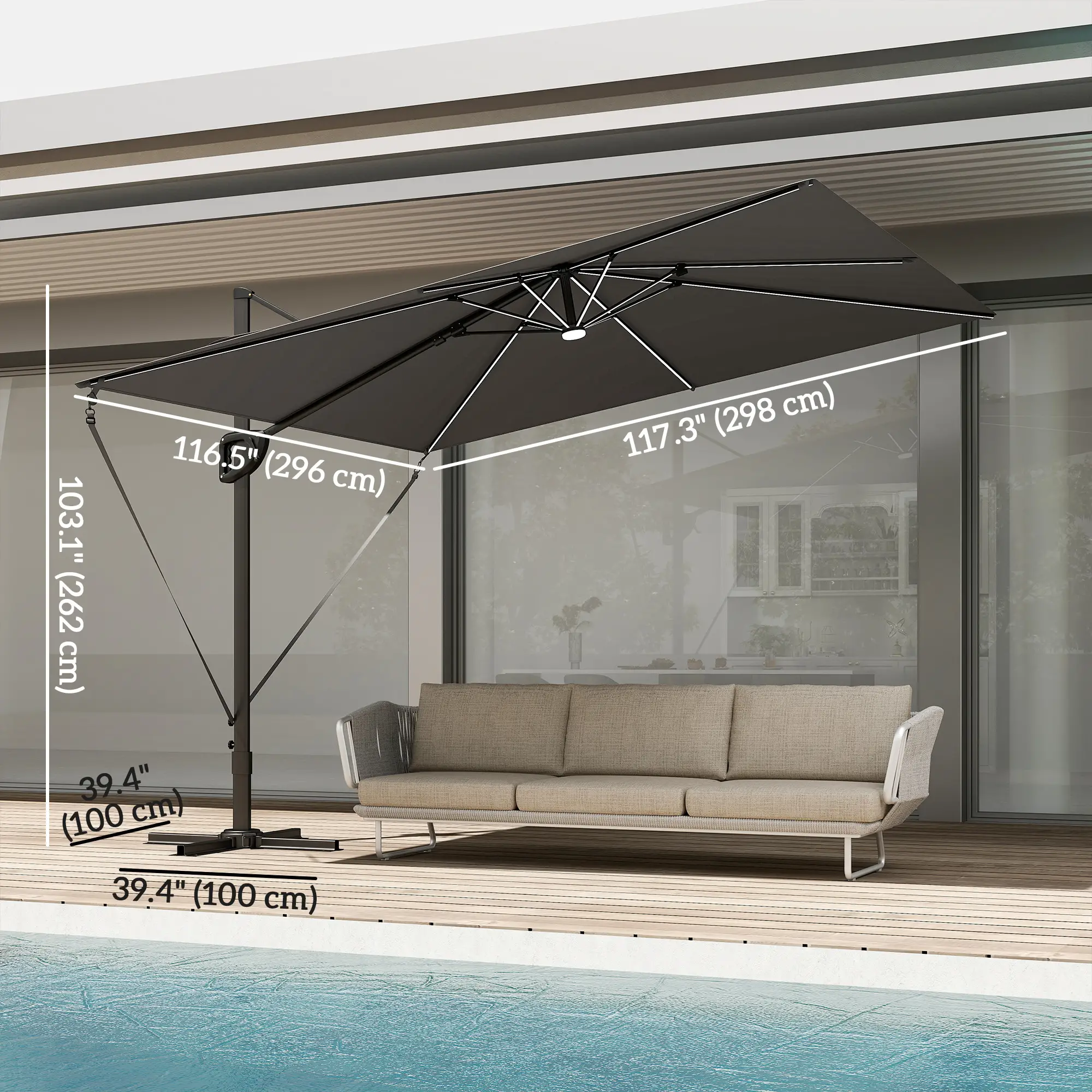 10 x 9.7 Ft Offset Cantilever Patio Umbrella With Lights, Dark Grey - Image 3