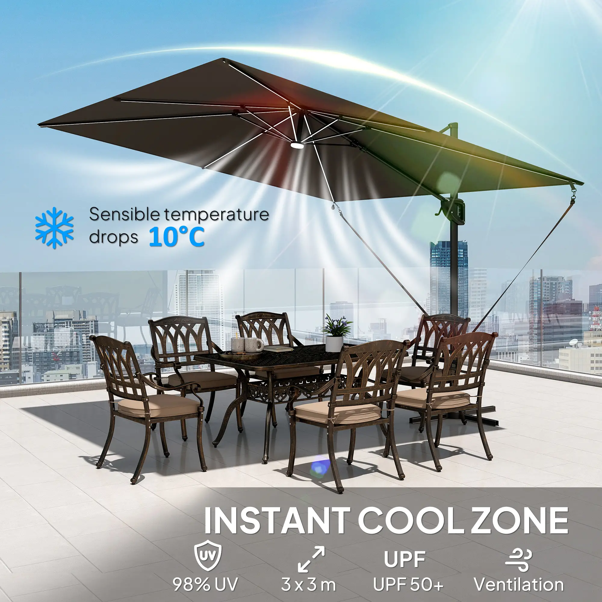 10 x 9.7 Ft Offset Cantilever Patio Umbrella With Lights, Dark Grey - Image 7