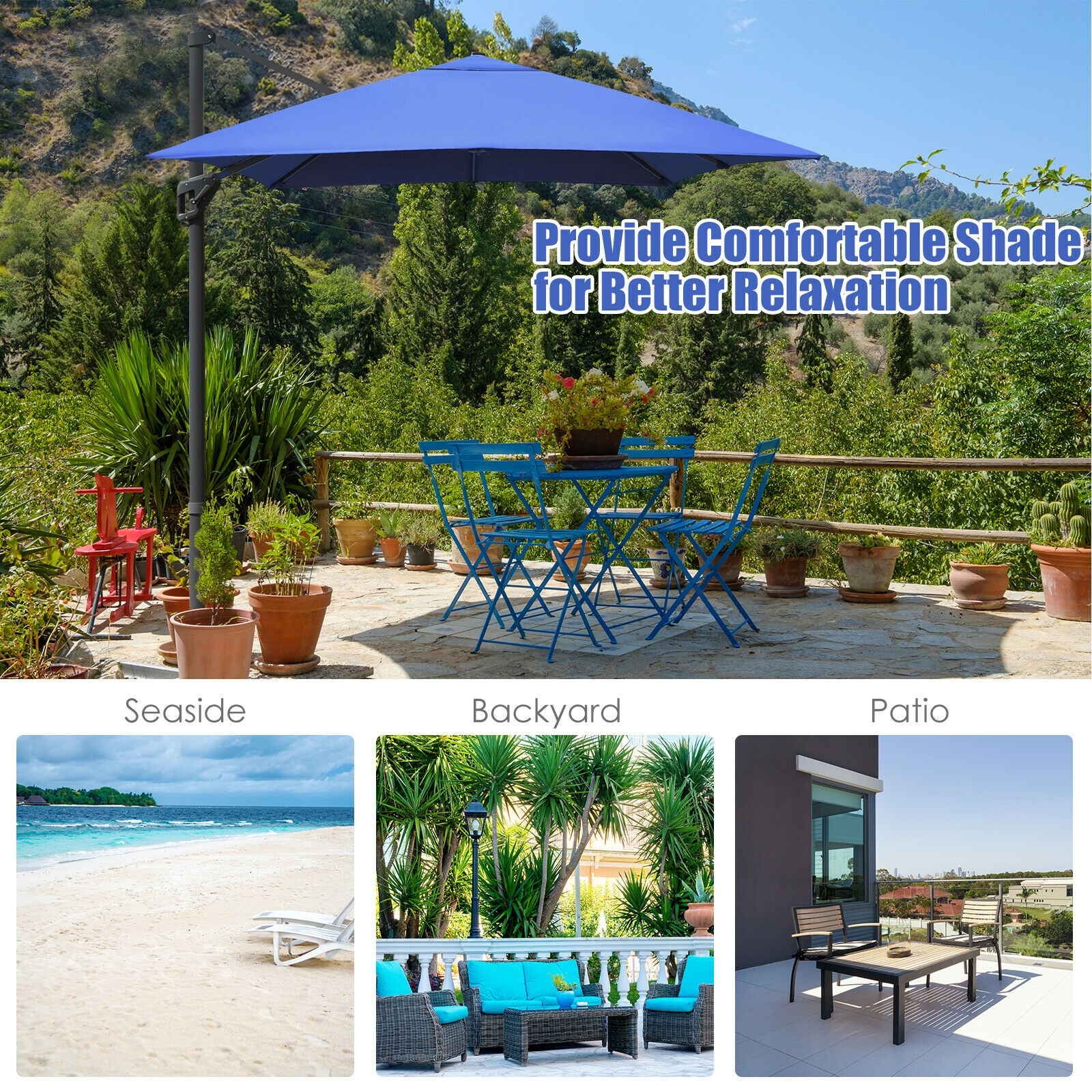 10 x13 Feet Rectangular Cantilever Umbrella, 360° Rotation, Navy - Image 3