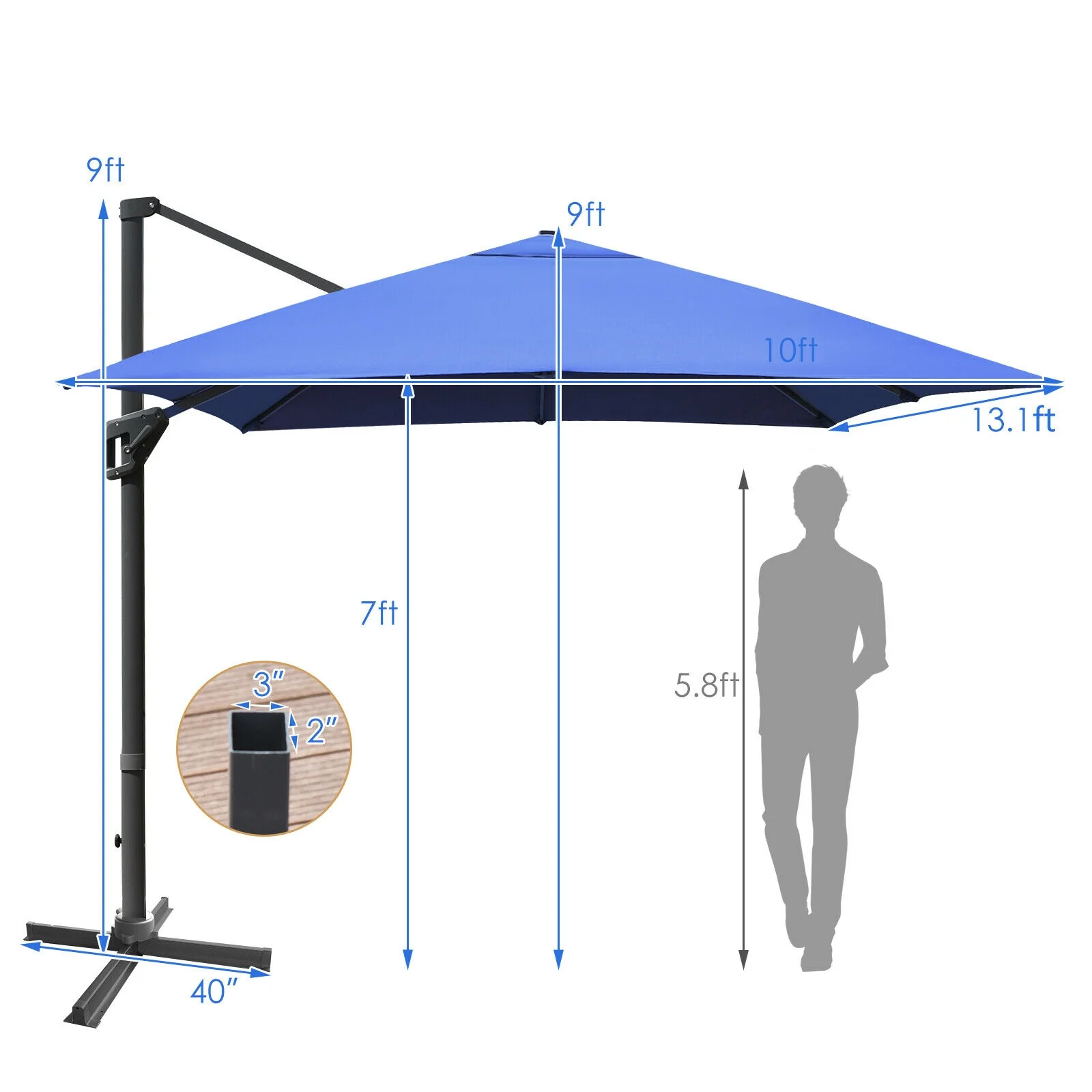 10 x13 Feet Rectangular Cantilever Umbrella, 360° Rotation, Navy - Image 5