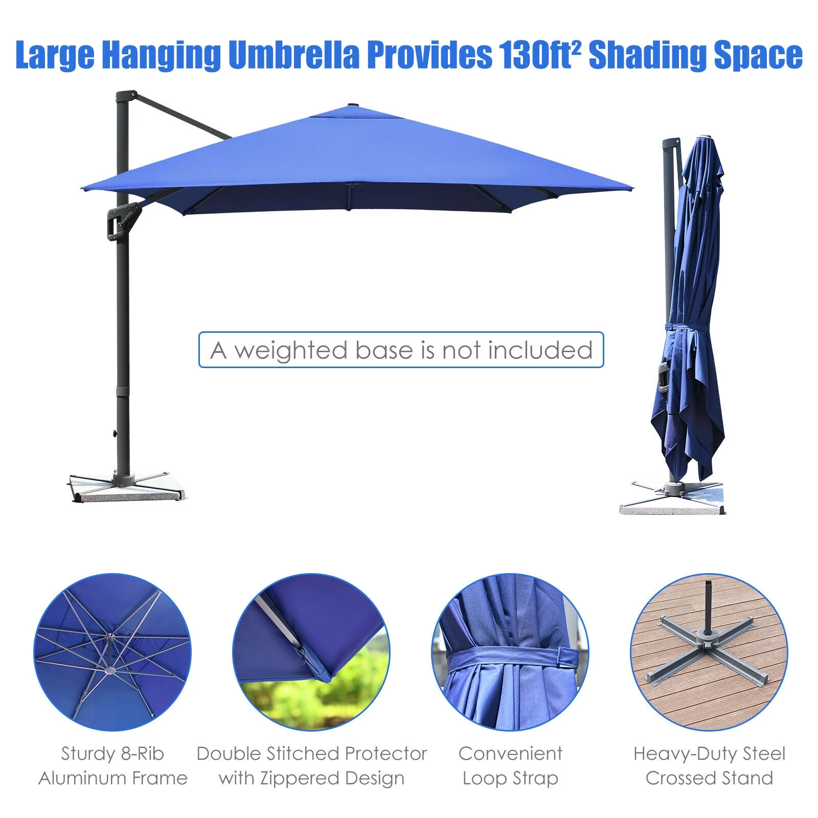10 x13 Feet Rectangular Cantilever Umbrella, 360° Rotation, Navy - Image 6