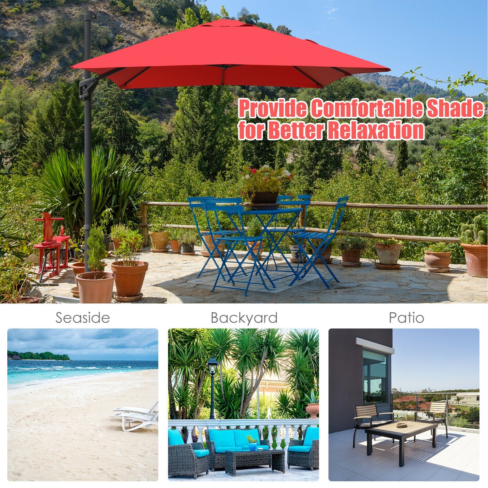 10 x13 Feet Rectangular Cantilever Umbrella, 360° Rotation, Red - Image 3
