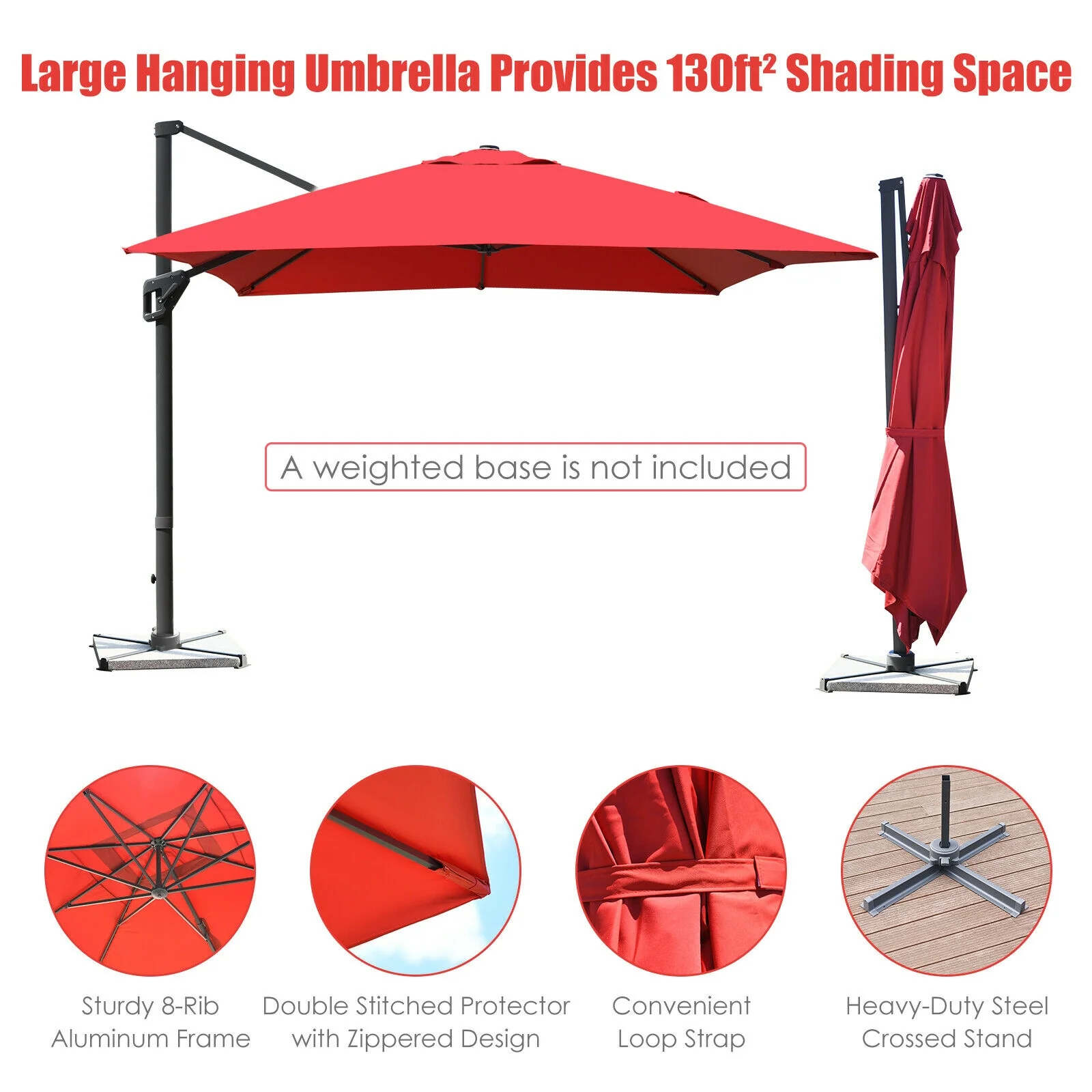 10 x13 Feet Rectangular Cantilever Umbrella, 360° Rotation, Red - Image 6