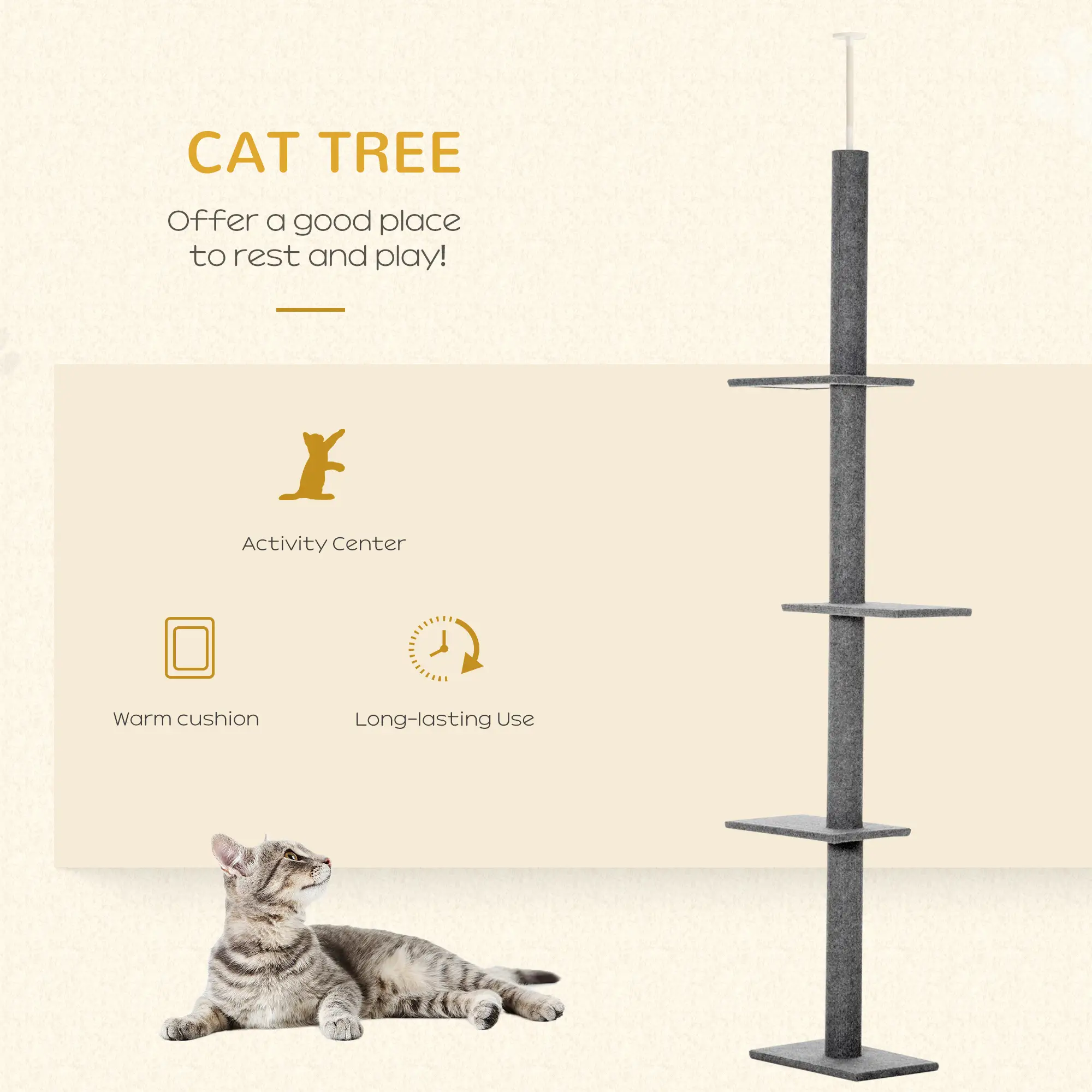 100 Cat Tree, 3 Perches Activity Center, Grey - Image 4